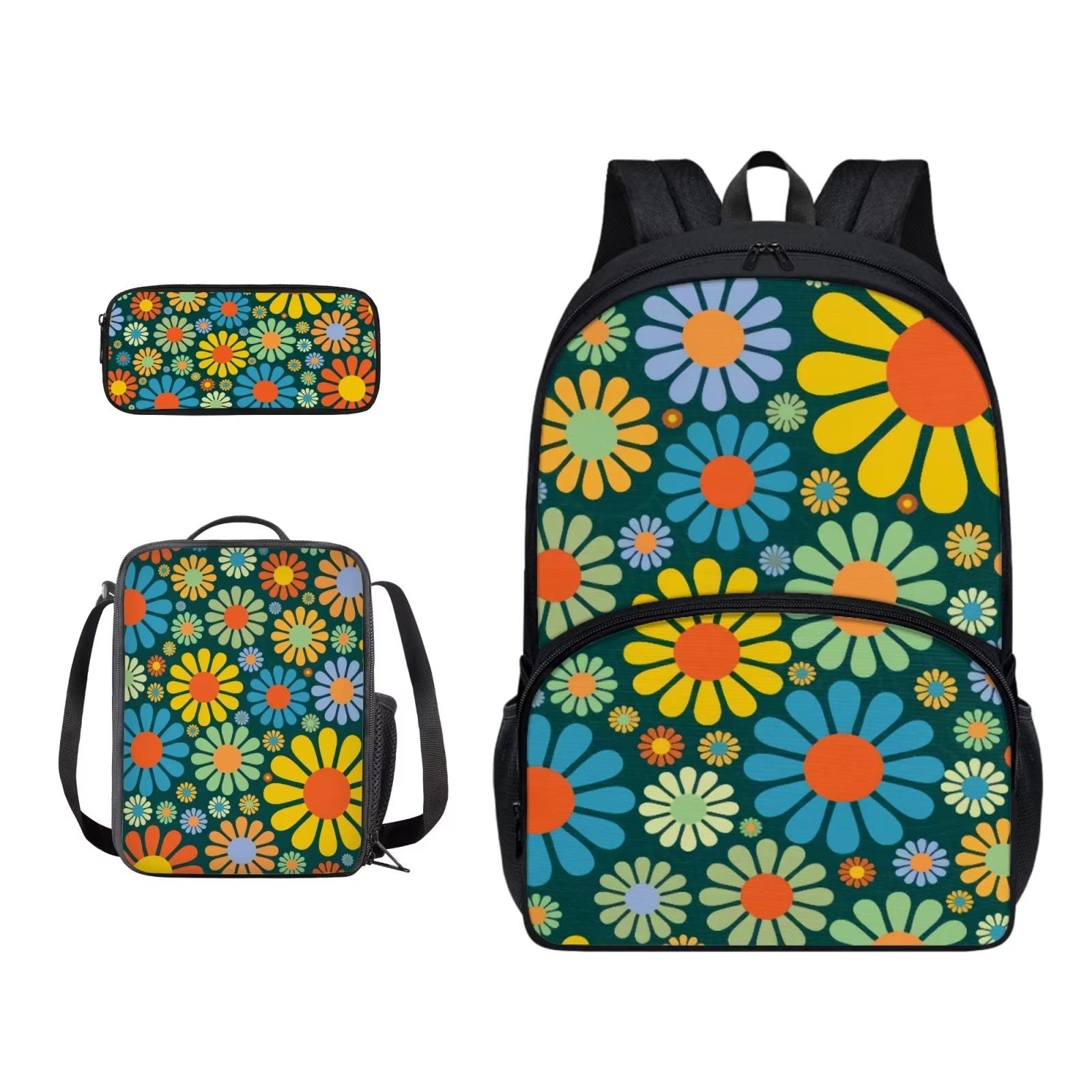 Poceacles Schultasche und Lunchbox-Set für Teenager, Jungen, Grundschule, Büchertasche, Federmäppchen für Grundschulkinder, Hippie-Blumen, Einheitsgröße