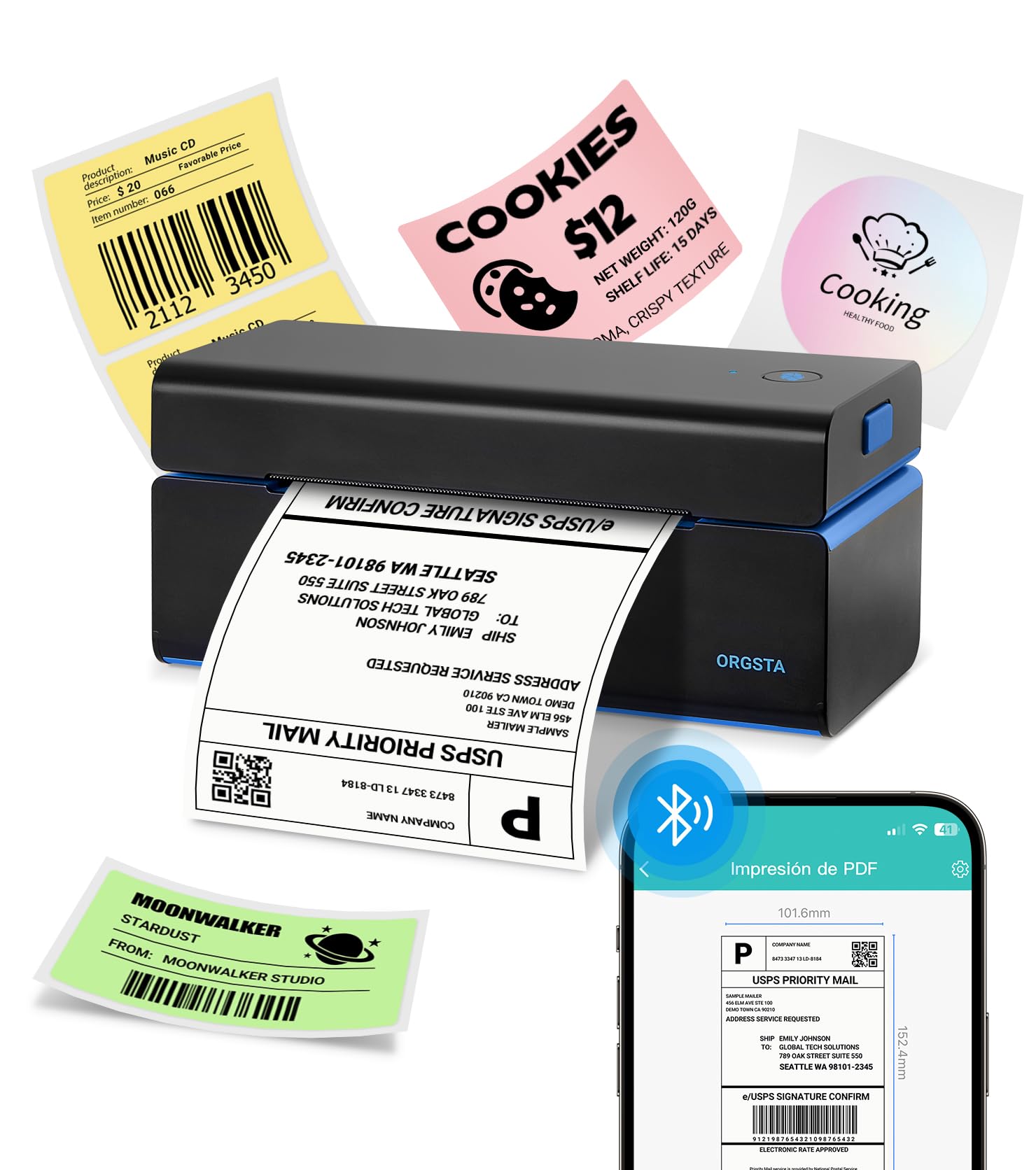 ORGSTA Impresora Termica T001 Plus Bluetooth Impresora de Etiquetas de Envío 4x6 Impresora Etiquetas Autoadhesivas Etiquetadora