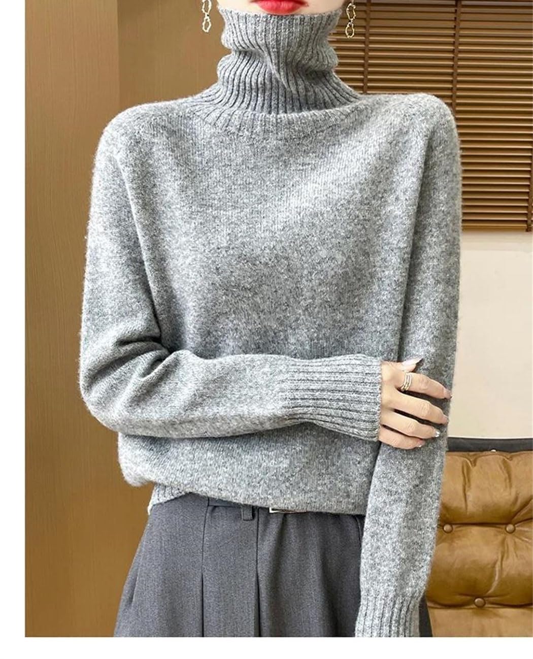 Sweter Damski Z Kaszmiru Z Wysokim Kołnierzem, Dzianinowy, Z Długim Rękawem, Miękki, Ciepły, Na Jesień I Zimę, Codzienny-85-Large