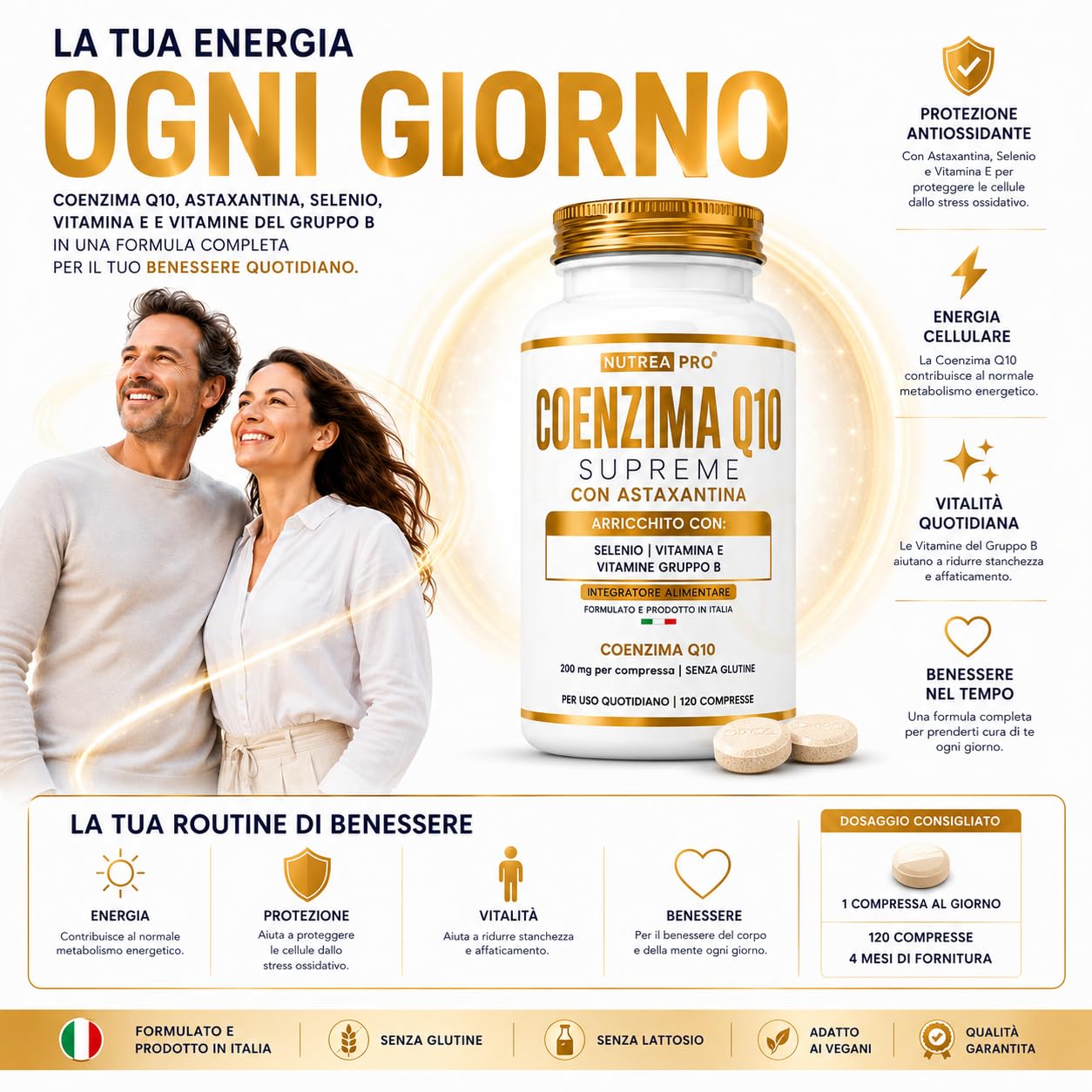 Coenzima Q10 200mg con Astaxantina 1mg |Coenzima Q10 migliore stabilità del normale q10 ubichinolo| Q10 Coenzima complex formulata con coq10 Astaxantina Vitamina E B12 B6 B2| NUTREAPRO®