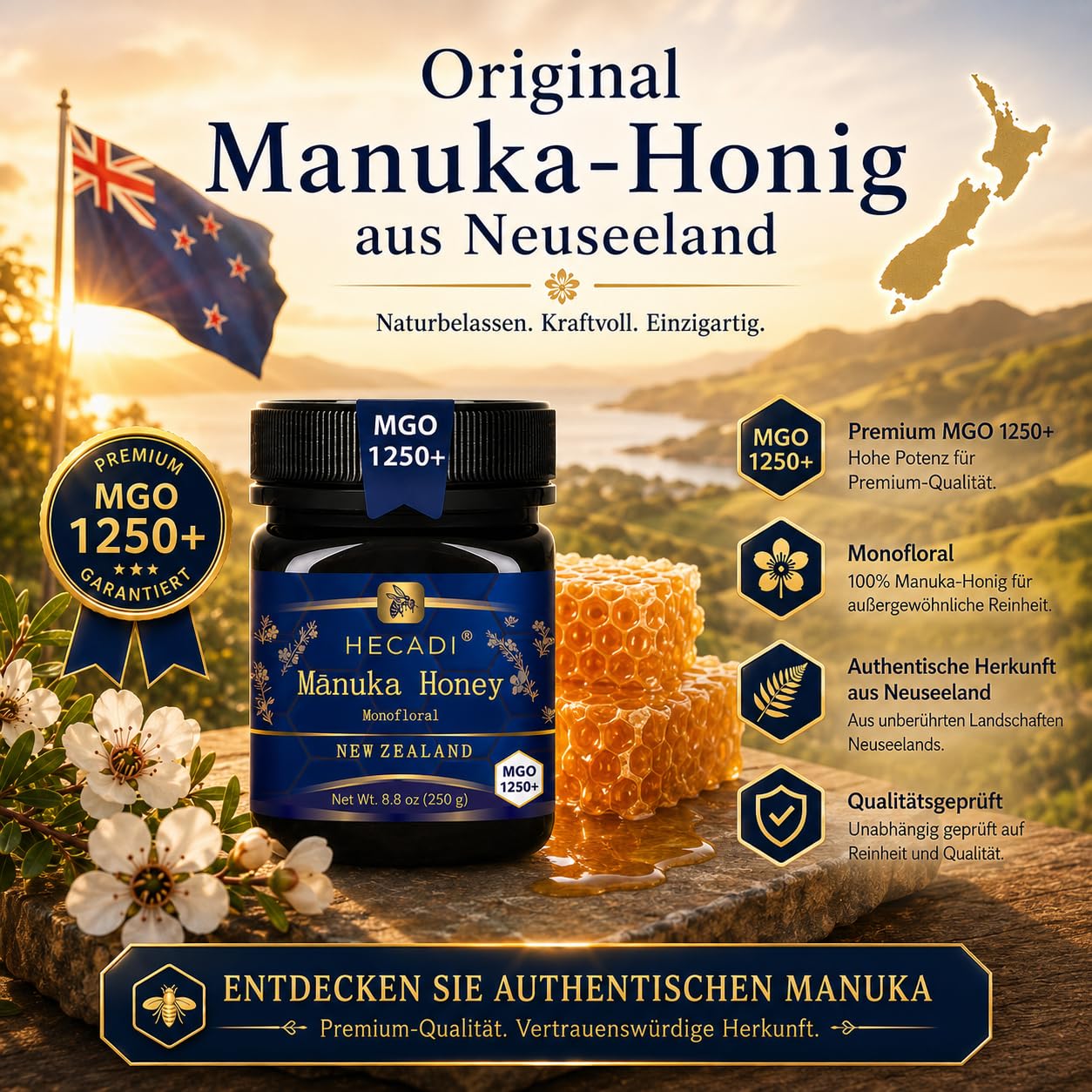 Manuka Honig MGO 1250+ Hecadi® I 100% Pur Original Honig aus Neuseeland I mit zertifiziertem I 250 g