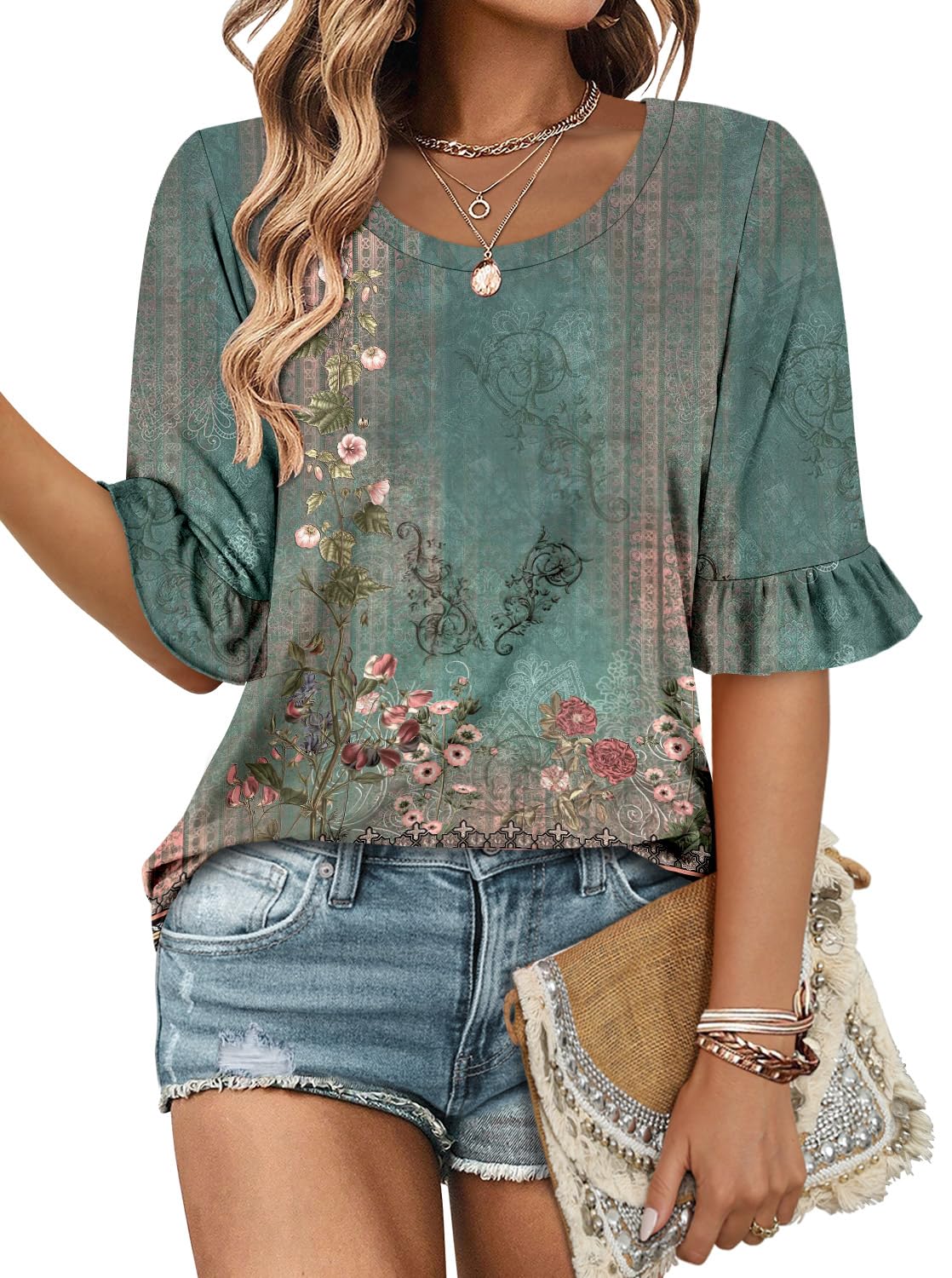 ROSELINLIN Half Sleeve Top for Women Summer Dressy Casual Tunic Top