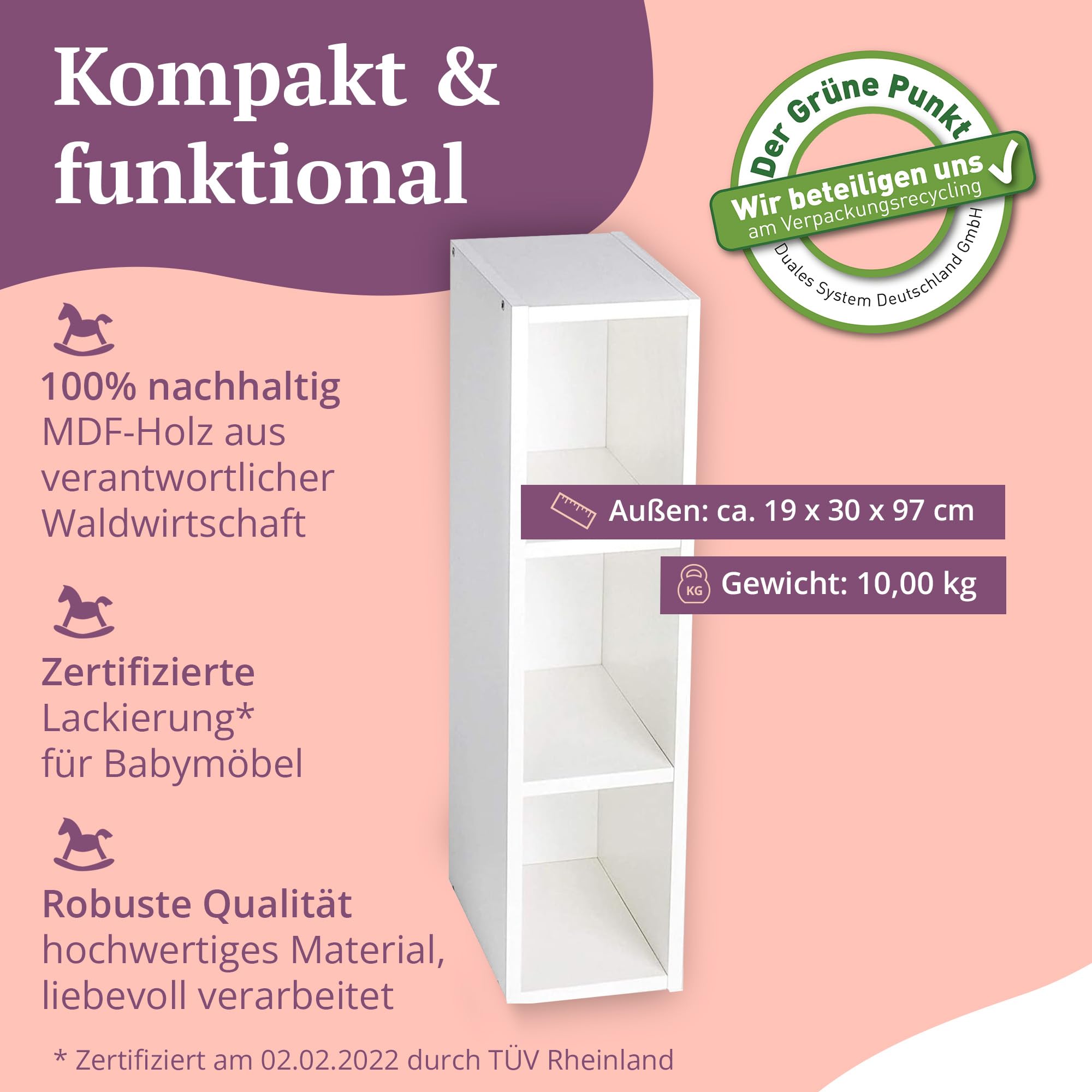Puckdaddy® Stauraumregal Max, für Malm Kommode, Weiß, Kinderzimmer | Für IKEA Malm Kommode, MDF, Weiß, Fächerregal, Stauraumregal, Maße 19×30×98 cm