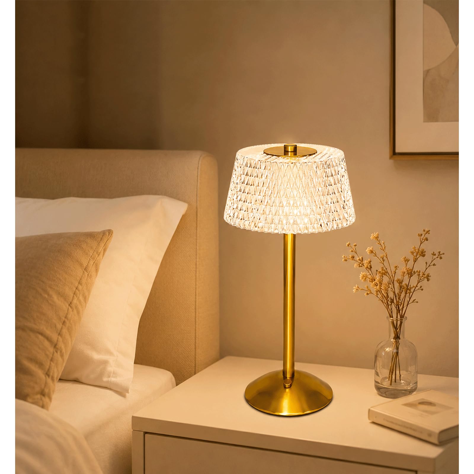 Rechargeable Table Lamp – 5200mAh Cordless Touch Lamp with 3 Adjustable Colour Modes & Stepless Dimming – Elegant Crystal Shade with Gold Base for Bedroom, Living Room, Office, Bedside（Mesh style）