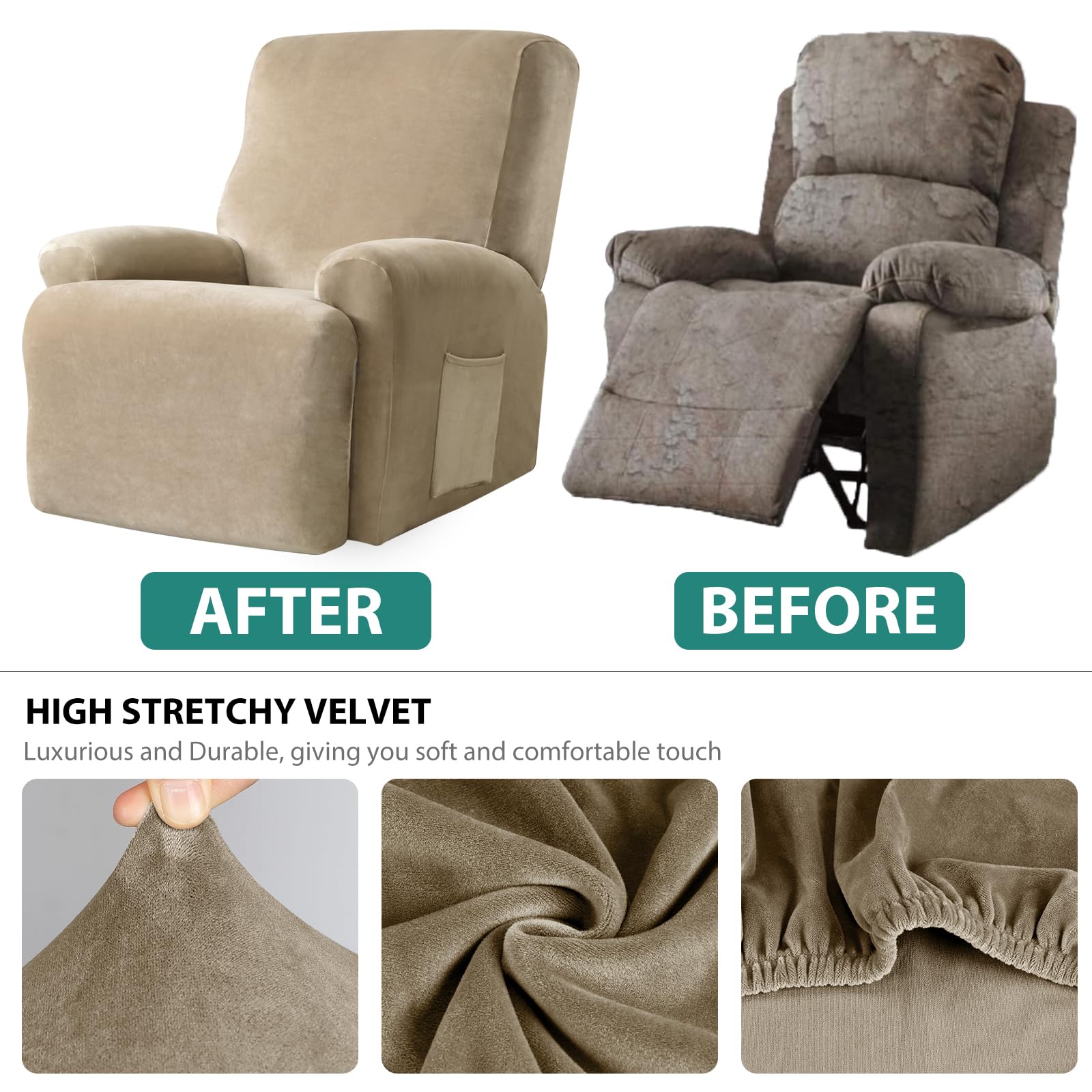 Leorate Velvet Recliner Chair Cover with Side Pocket - Image 3