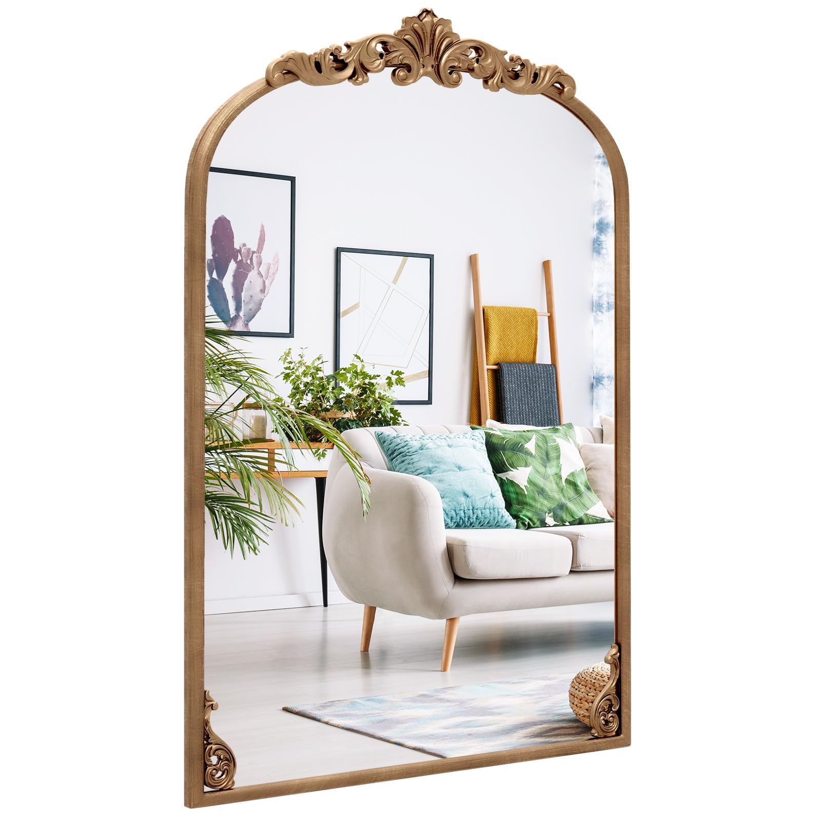 COSTWAY Miroir Mural Arch, Cadre en Métal, Grand Miroir Mural Baroque pour Salon Chambre Entrée, Réflexion HD, 2 Crochets de Suspension, Installation Facile (95 x 66 cm)