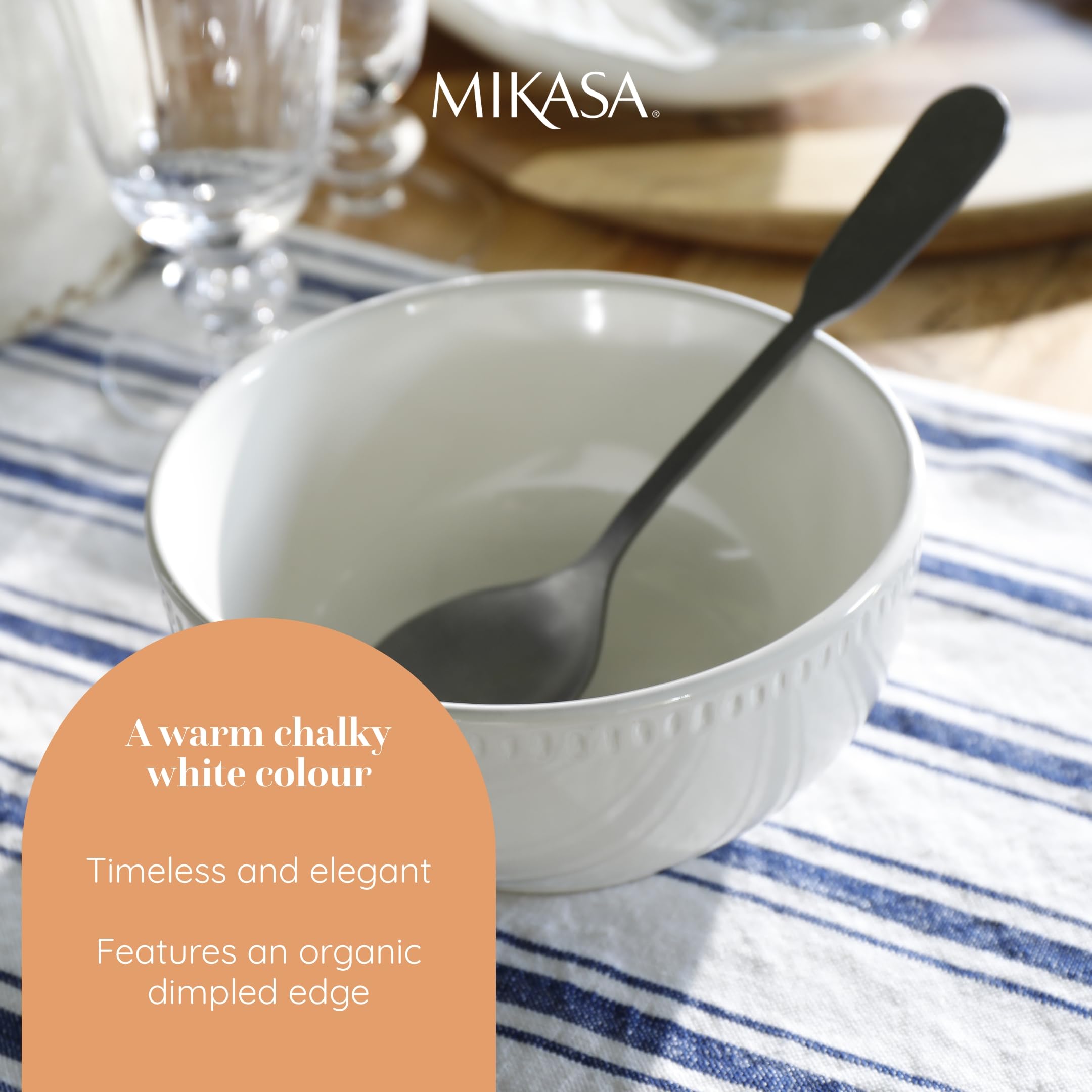 Mikasa Cranborne Set de 4 Cuencos de Cereales de Gres, Servicio para 4, Juego de 4 Cuencos de Cereal en Gres, 15cm, Crema - Apto para Microondas y Lavavajillas