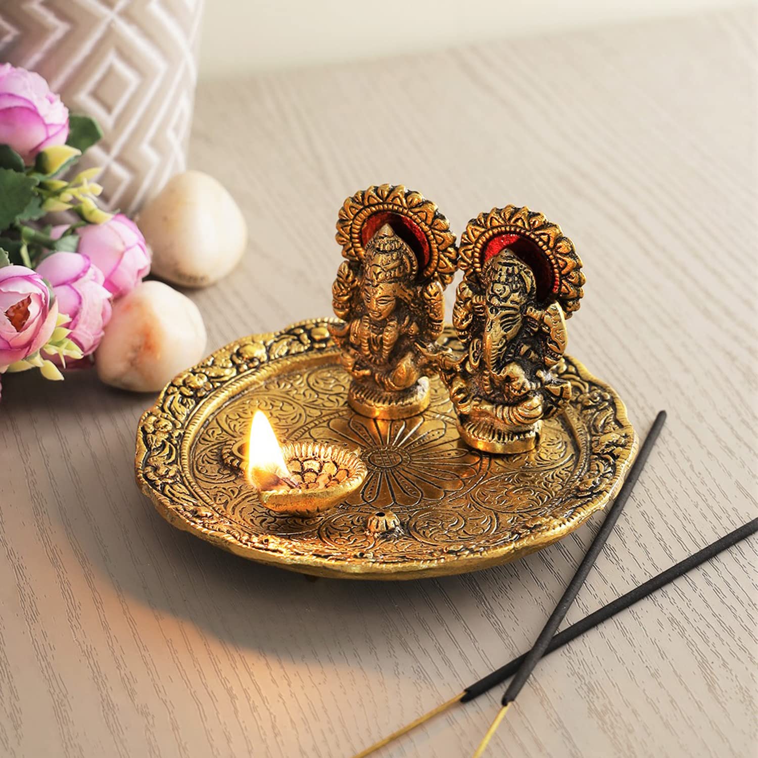 CraftVatikaLakshmi Ganesh Pooja Thali with Oil Lamp Deepak Gold Plated Lakshmi Ganesha Showpiece for Diwali decorartion Puja Gift
