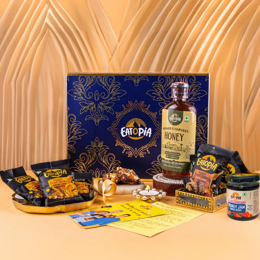 Eatopia Diwali Gift Hamper | Diwali Gifts for Family and Friends | Farmers Harvest Honey | Mixed Berry Honey Jam | 3 Dates & Nuts Fruit Bites and 3 Mango Chia Fruit Bites | Diya & Card | 10 Items | Healthy Snacks Gift Pack-image-16