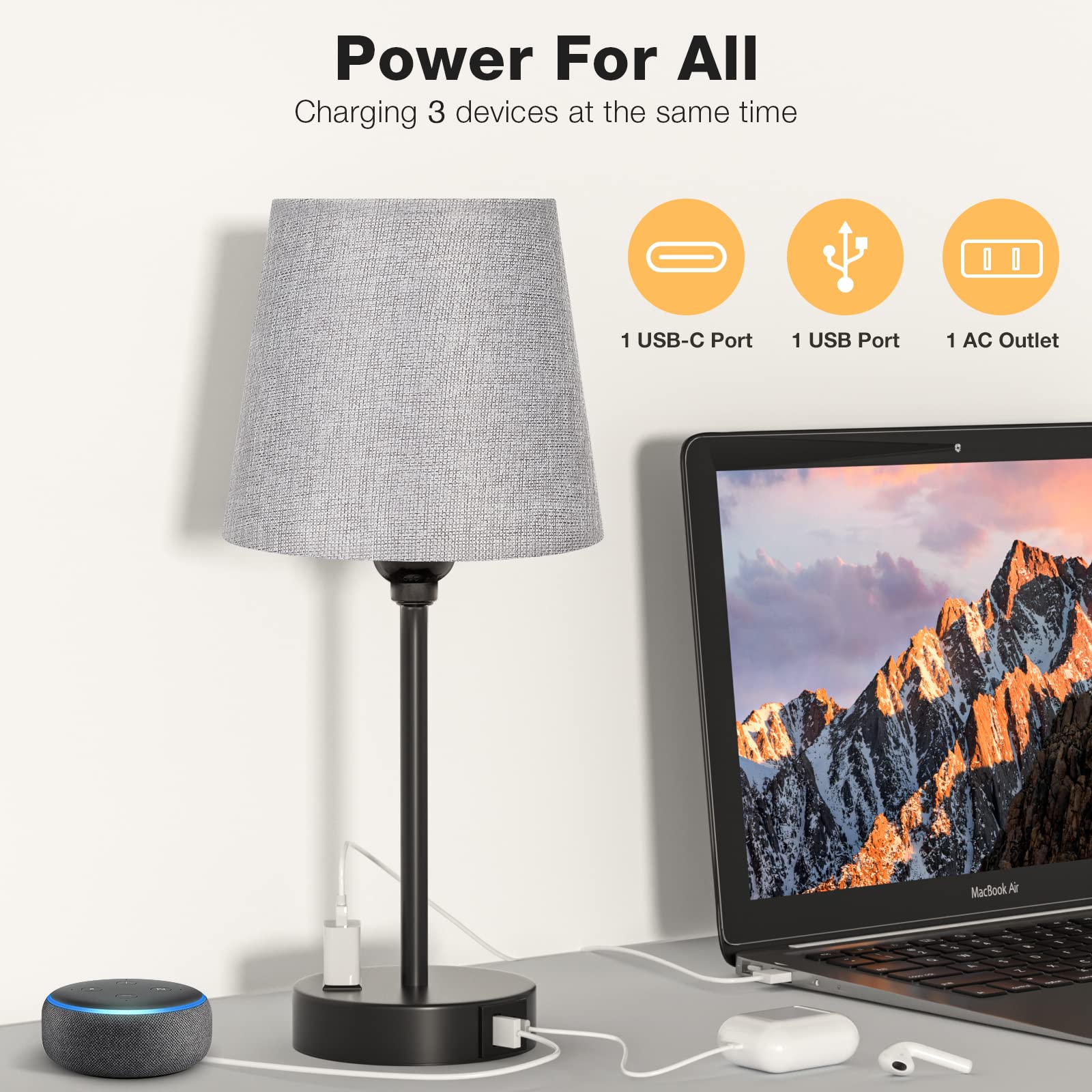 Grey Bedside Table Lamps Set Of 2 – With AC Outlet, USB-A & USB-C – 3 Color Temps – Pen Holder & Phone Stand – UL Listed – Bedroom, Dorm, Office