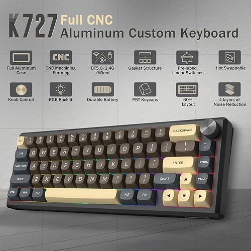 Miniatura 2 de Redragon Teclado mecánico inalámbrico 60% para juegos, carcasa de aluminio completa, Bluetooth2.4GHzUSB-C, sonido cremoso, luz RGB, perilla de