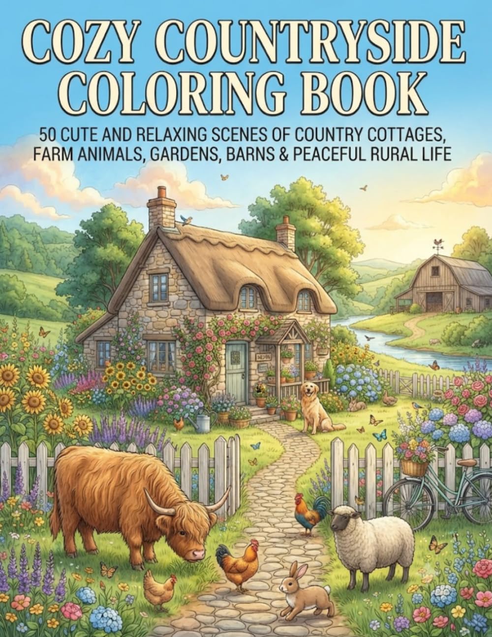 Cozy Countryside Coloring Book: 50 Cute and Relaxing Scenes of Country Cottages, Farm Animals, Wildflowers, Gardens, Cozy Barns, and Peaceful Rural Life