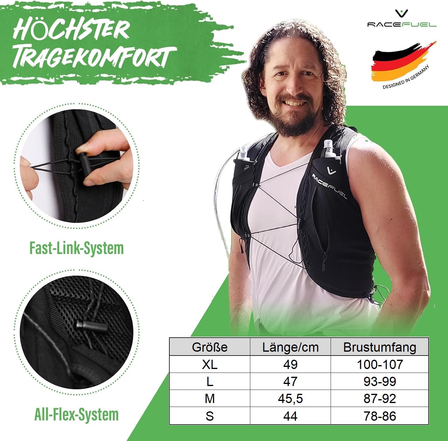 RaceFuel Ultraleicht Trinkrucksack, Trail Rucksack, Trinkweste, Hydration Pack Fahrradrucksack für Laufen, Wandern, Marathoner für 1,5L Trinkblase oder 500ML Wasserflasche/Softflask