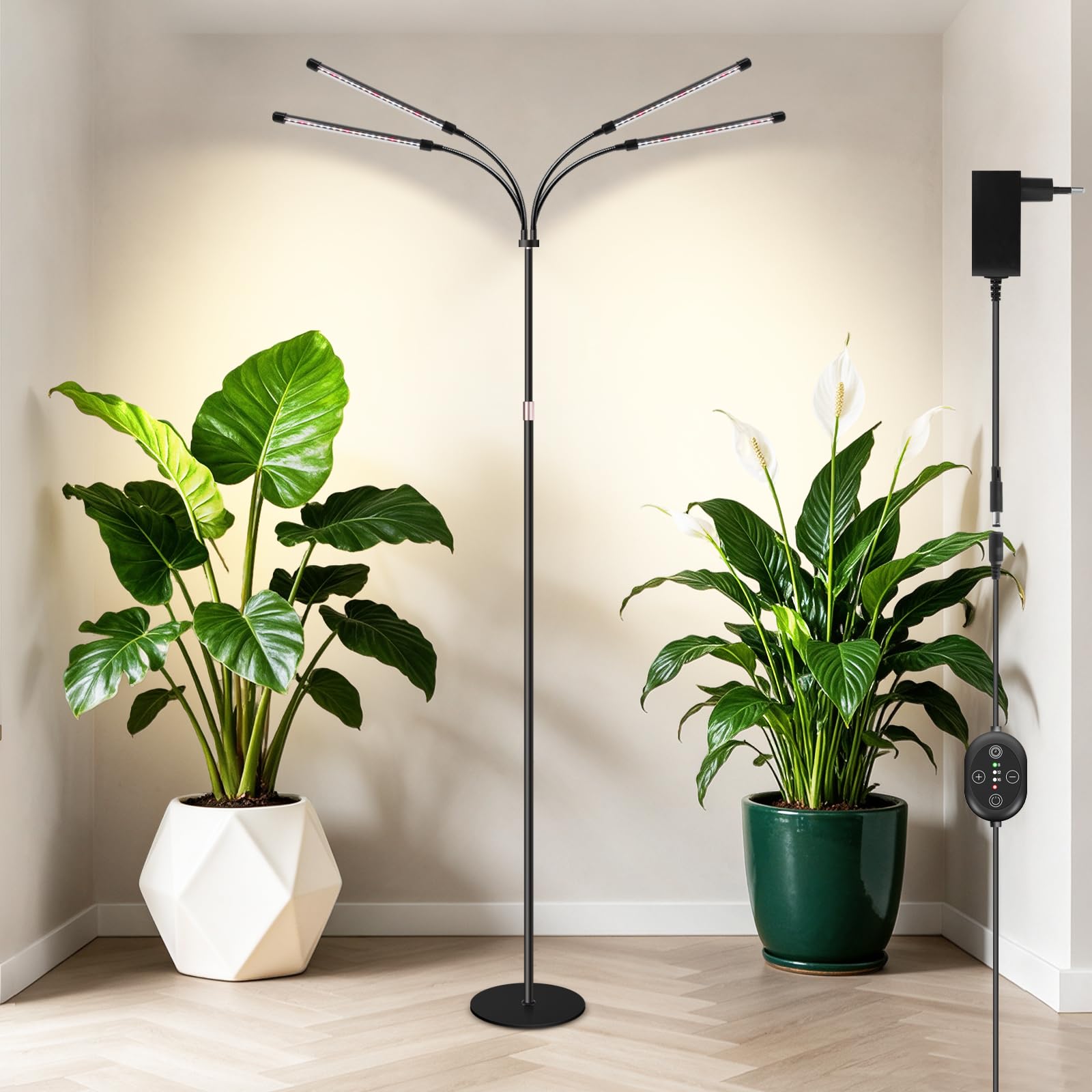 Lampa do Uprawy Roślin Wewnętrznych, Lampa Podłogowa, Pełne Spektrum Wzbogacone 660nm, Lampa Roślinna 12V z Timerem 8/12/16H, Smart Plug Ready, Ściemnialna, Auto Resume, 20W, M20