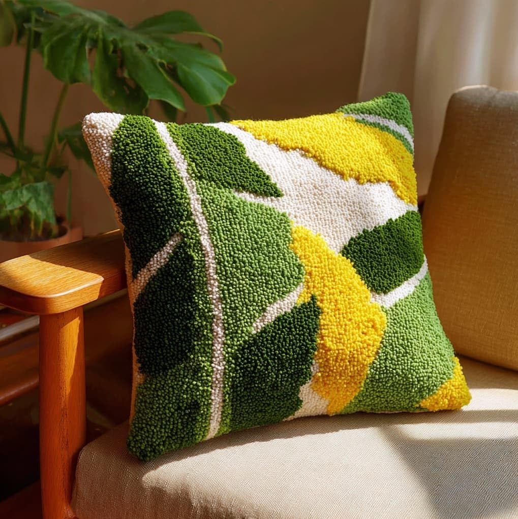 Wallustrioaw Latch Hook Cushion Kits For Adults Beginnersbanana Leaves,Handmade Crochet Craft Kits Cushion Cover Needlework For Home Decoration,17X17in