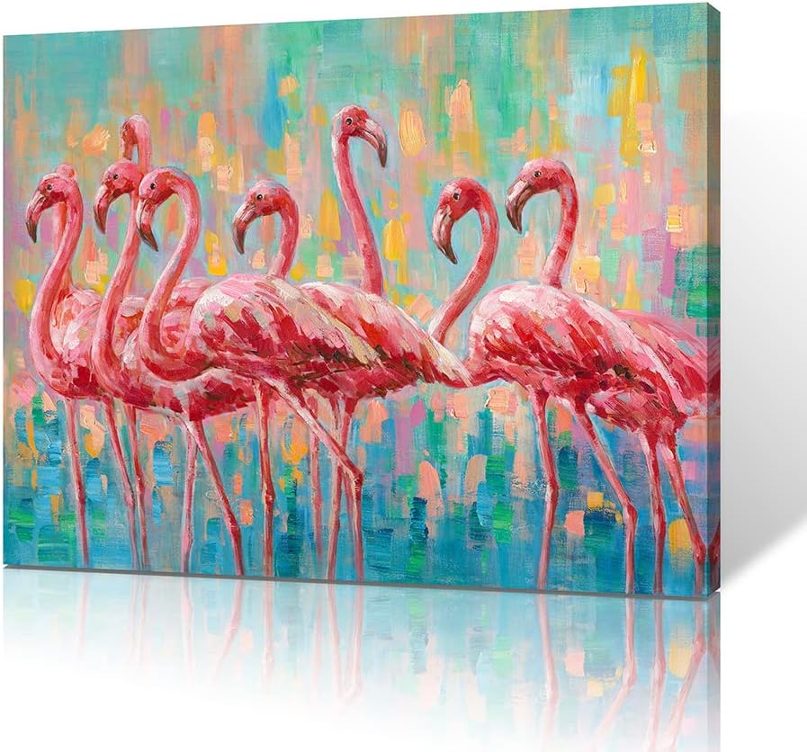 Yidepot Flamingo Bedroom Wall Decor Painting: A Flock of Pink Flamingo Wall Art Canvas for Bathroom with Frame Ready to Hang (12"x16"x1 Panel)