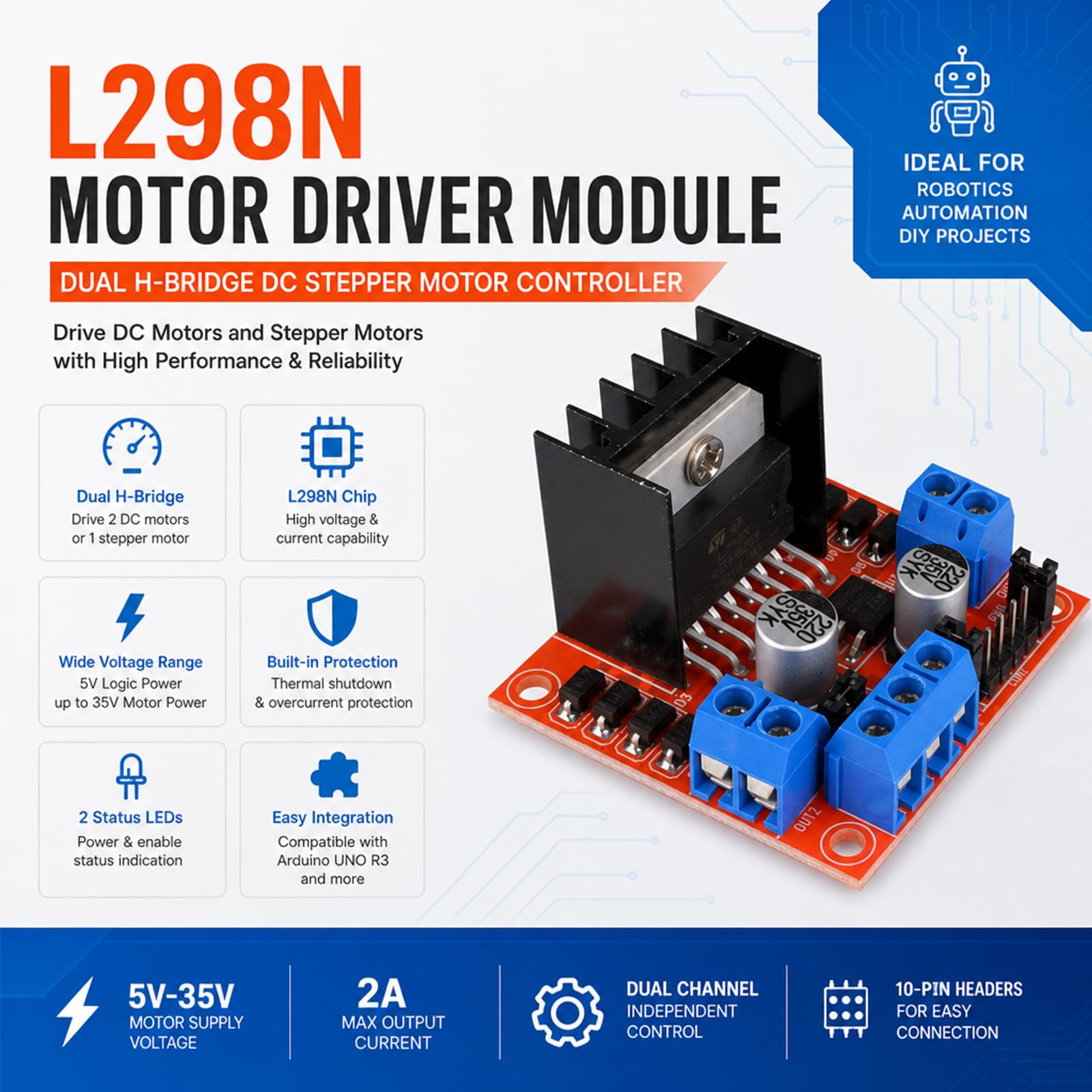 Moduli scheda controller L298N motore passo-passo DC Dual H-Bridge, adatti per Arduino Smart Car Power UNO Mega R3 Mega2560