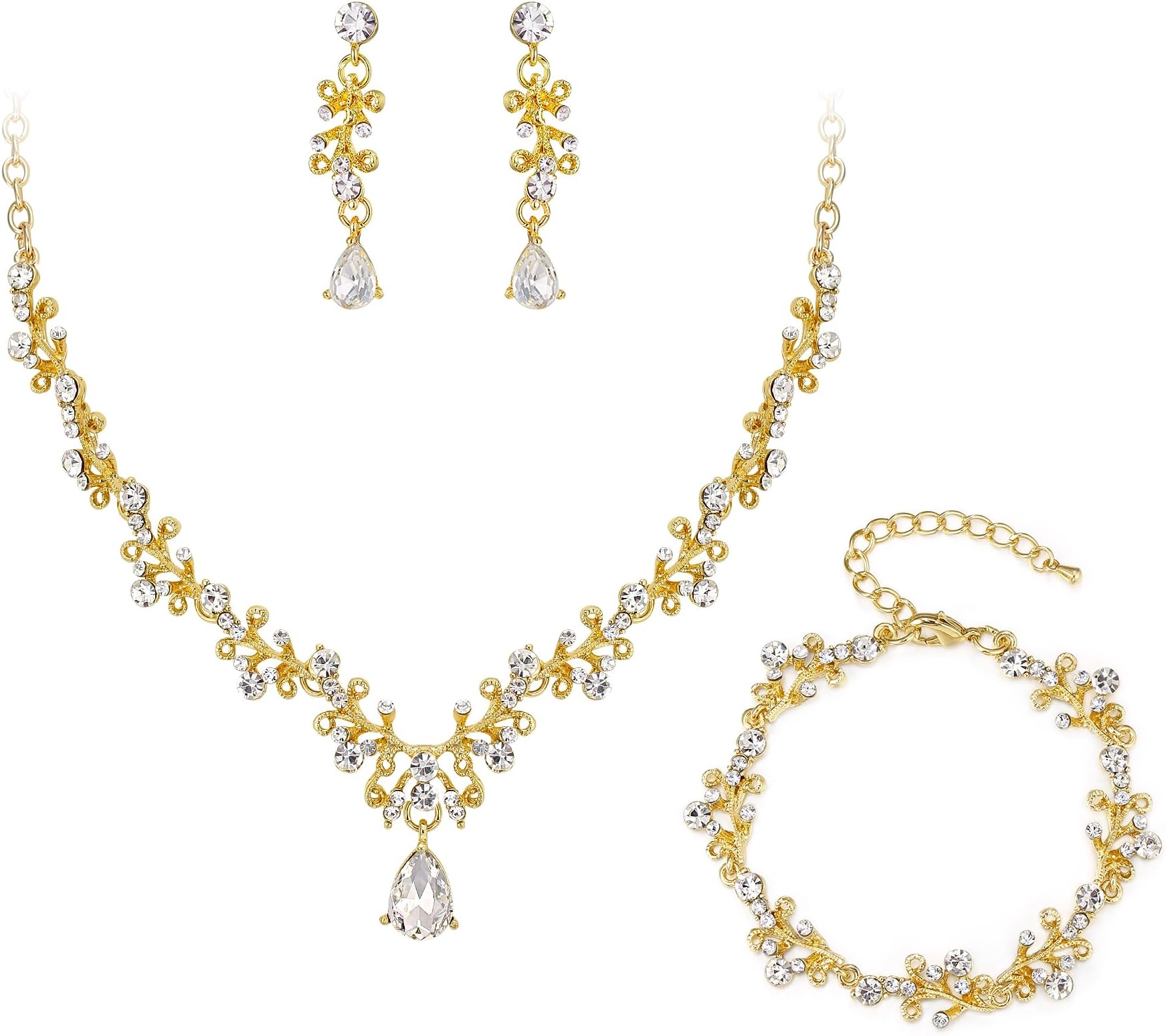 BriLove Bridal Jewelry Set for Women,Shiny Rhinestone Teardrop Leaf Cluster Statement Necklace Dangle Drop Earrings Link Bracelet for Wedding Party Prom Accessories