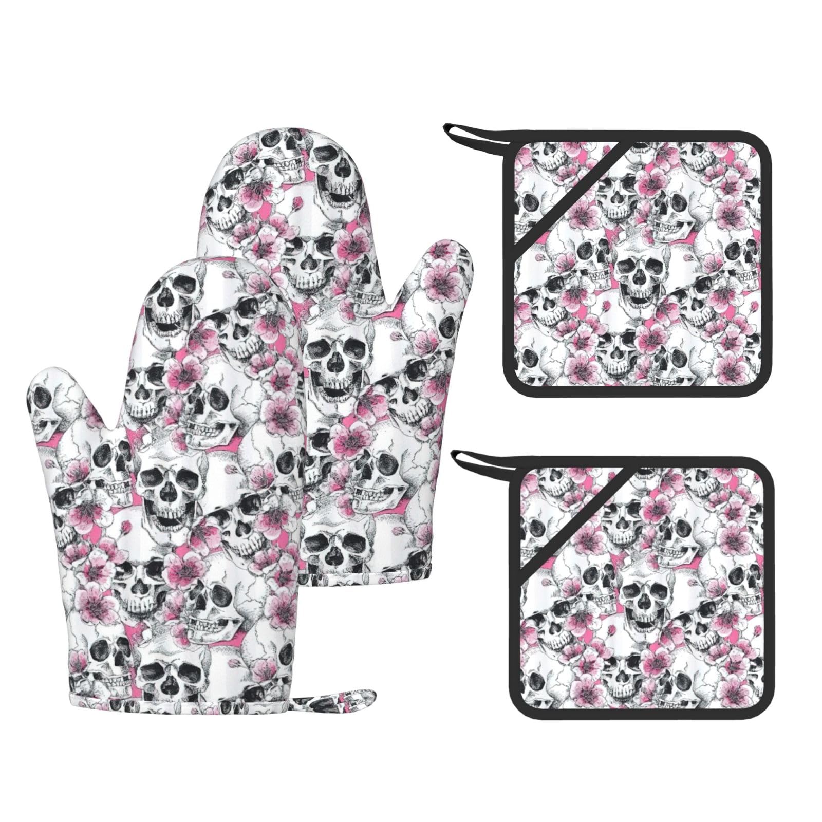 Nimongt Black Floral Skull Print Heat Resistant Gloves Pads Reusable Kitchen Set Oven Baking Grilling Cooking