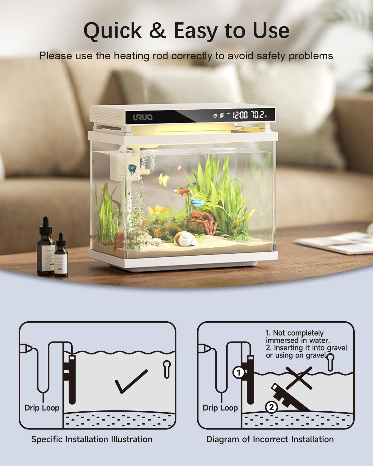 URUQ Calentador pequeño para acuario Betta de 25 W con 2 ventosas, temperatura constante automática, menos de 2.6 galones