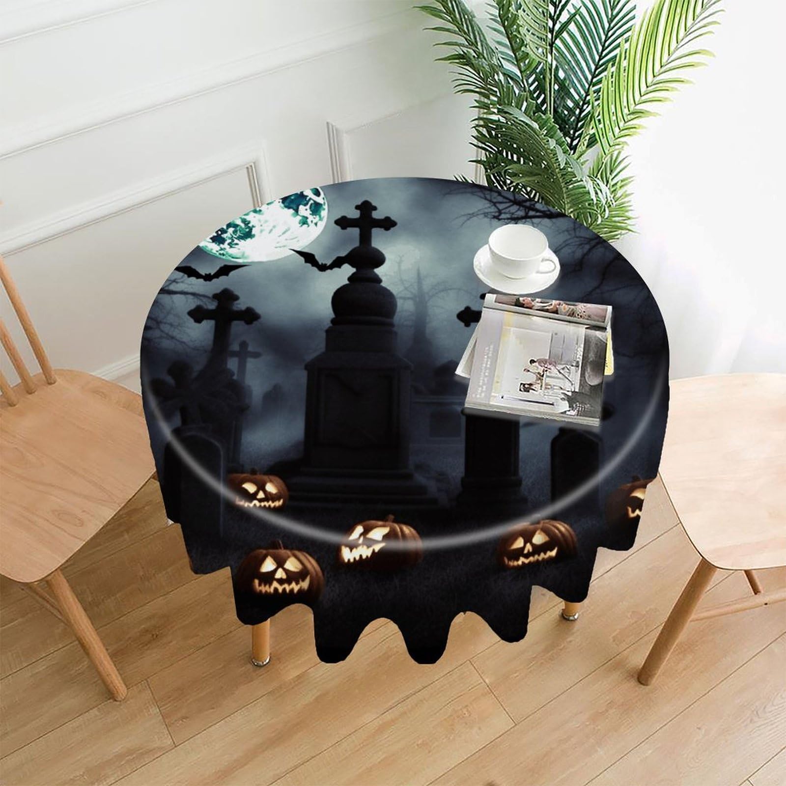 FekiLoot Gothic Happy Halloween Round Tablecloth Cover 60 Inch Wrinkle Free Washable Polyester Fabric Table Cover Decorative Round Table Cloth for Home Dining Kitchen Party Farmhouse