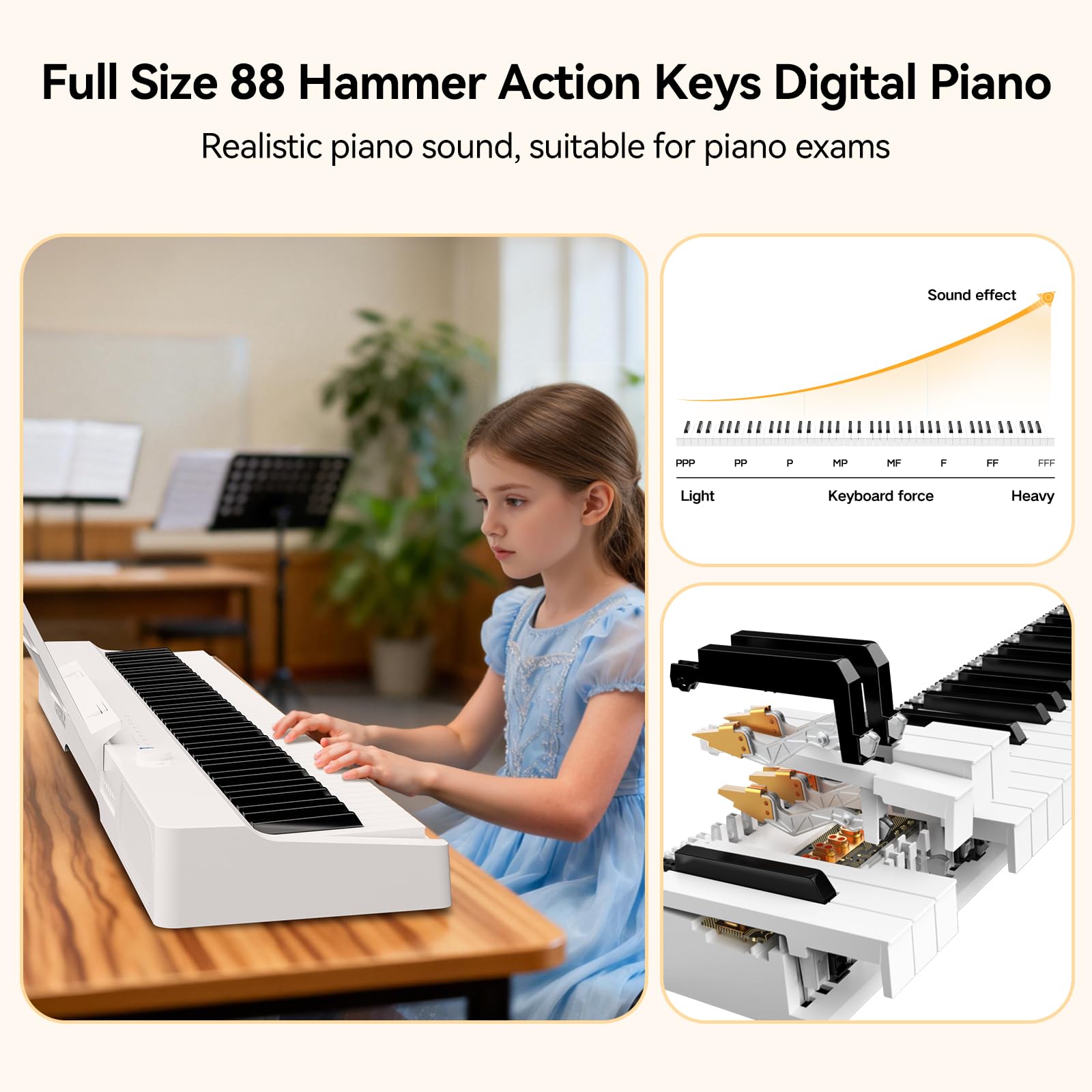 TERENCE V70 Pianoforte Digitale 88 Tasti Pesati – Tastiera Musicale con 4 Altoparlanti 20W×2+5W×2 –Custodia Cuffie in Omaggio – Pianoforte Elettrico per Esami e Studio –Bianco
