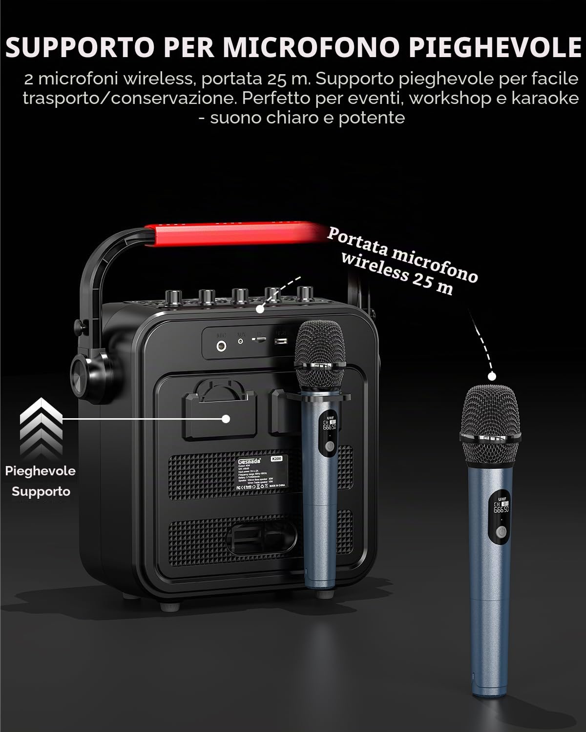 Karaoke con 2 Microfono, Casse Karaoke Professionale Completo,Portatile Bluetooth con modalità karaoke/MIC modalità priorità/TWS/REC/EQ/FM/regolazione dei toni alti e bassi/ECHO,Supporta USB/TF/AUX