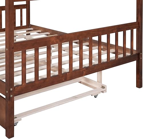 Miniatura 30 de Cama individual de casa con nido para niños, cama individual de madera con techo, marco de cama de plataforma de tamaño individual, cama con dosel