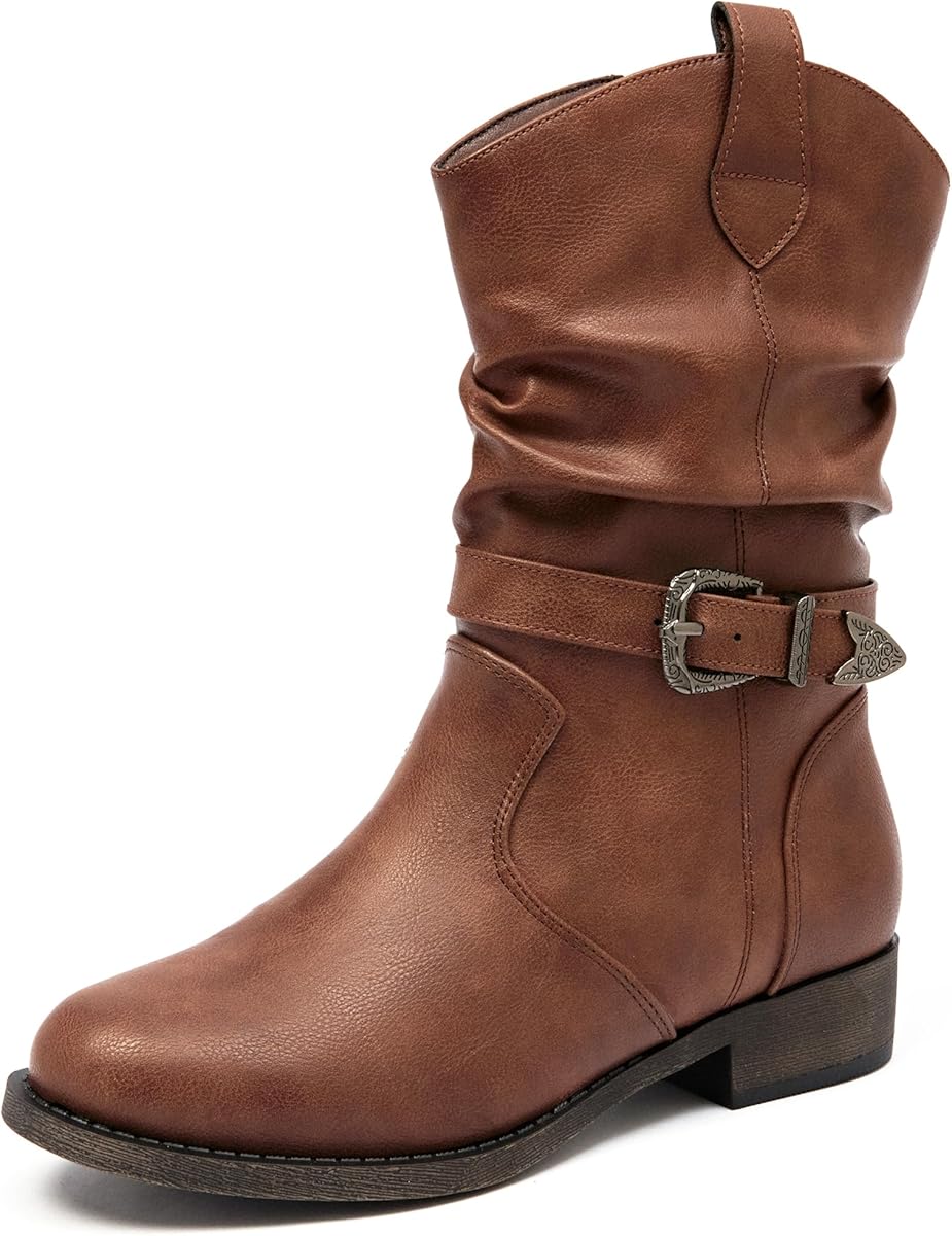 Amazon.com | Veittes Women's Mid-Calf Boots - Comfortable Fashion Round toe boots,Low Chunky Heel Side Zipper Wide-calf Cowboy Boots,Dark Brown/PU/Size 12 | Mid-Calf