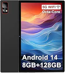 Tablet Android 14 mais recente 2025 - tela de 10,1 polegadas, 128 GB + 8 GB de RAM, processador Octa-Core, WiFi 5G, bateria de 7000 mAh, tela HD, Bluetooth/GPS/câmera de 13 MP