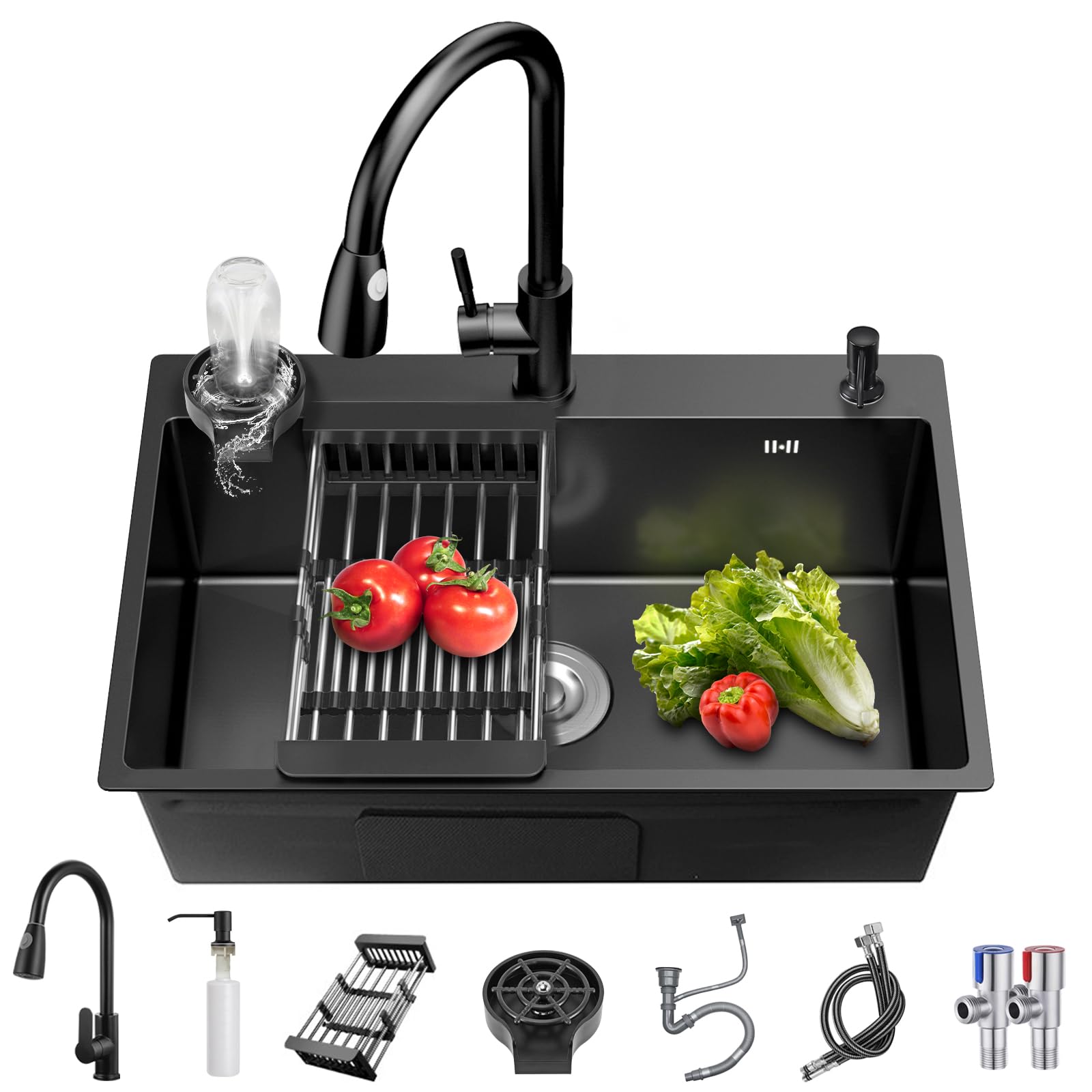 Fregadero de Cocina de Acero Inoxidable 60 cm, Fregadero Empotrado de 3 Agujeros con 1 Cubeta, Set Completo con Grifo Extraíble, Lavavasos y Kit de Desagüe (Gris Oscuro, 60 x 45 cm)