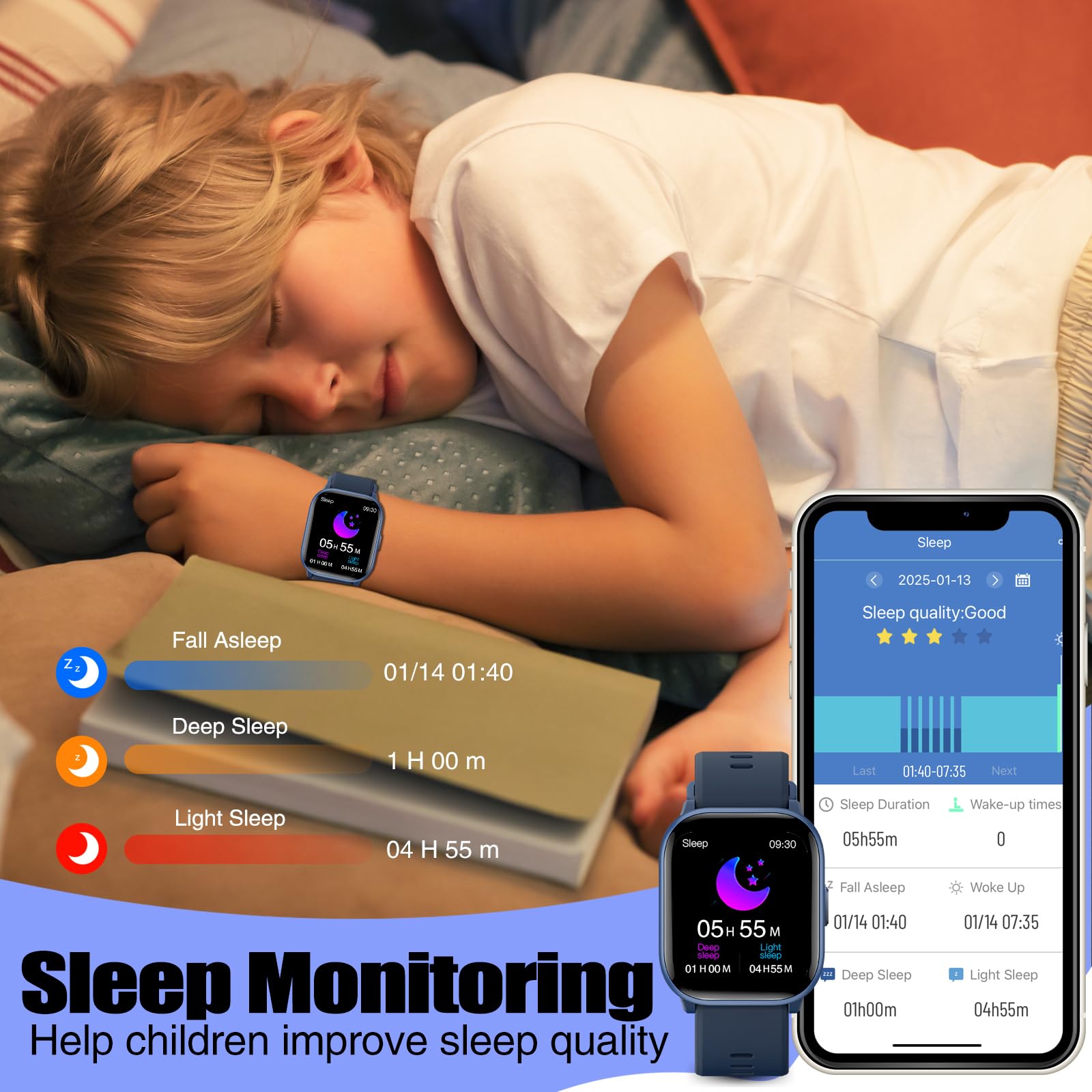 meoonley Reloj Inteligente Niño, 19 Modos Deportivos, Monitor de Frecuencia Cardíaca, Monitor de Sueño, hasta 10 días de Autonomía, IP68 Impermeable, Regalo para niños y niñas de 6 a 15 años