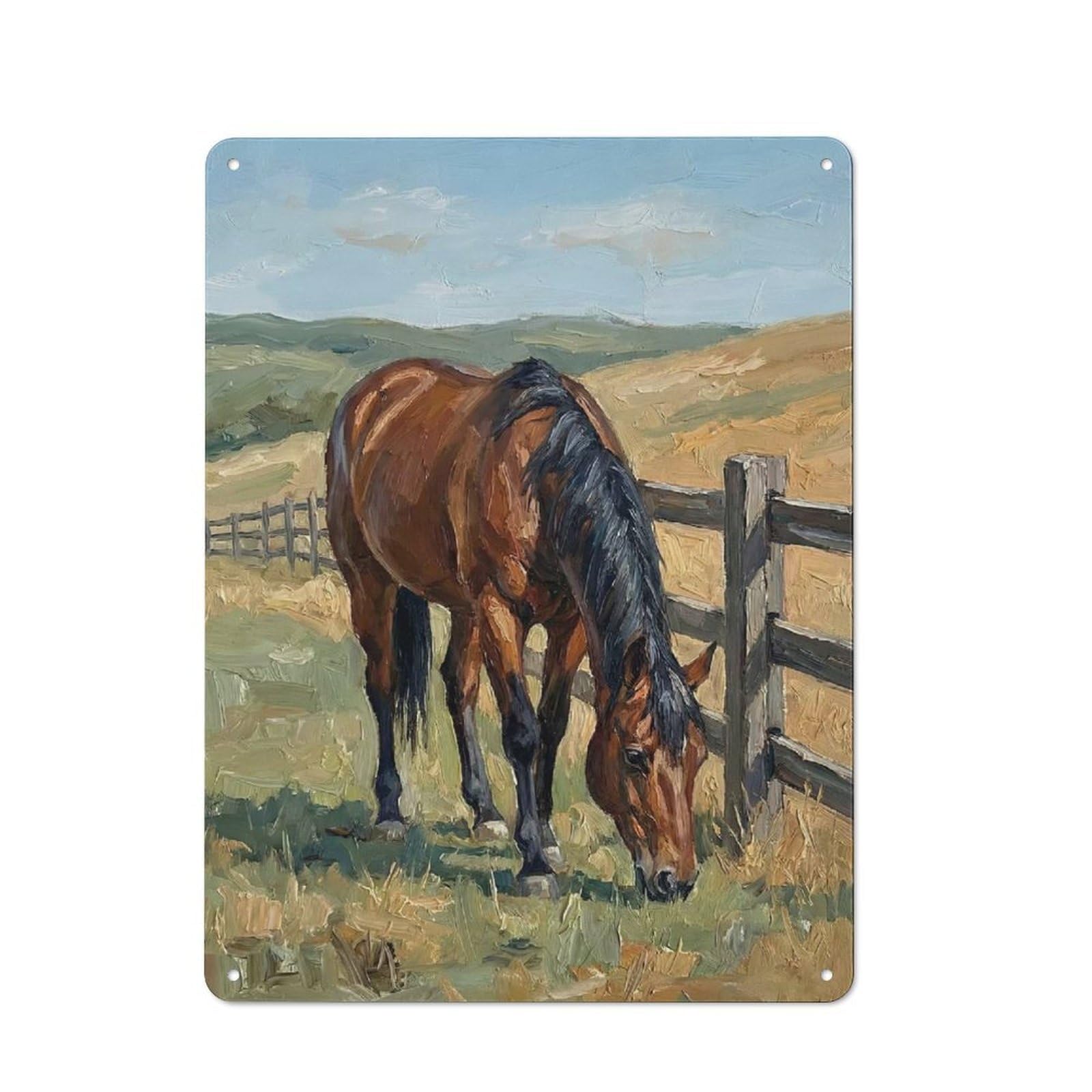 Rustic Brown Horse Grazing by A Fence Tin Wall Plaque 40x30cm, Rustic Kitchen Decor for Cottage, Kitchen, Hallway Or Breakfast Nook