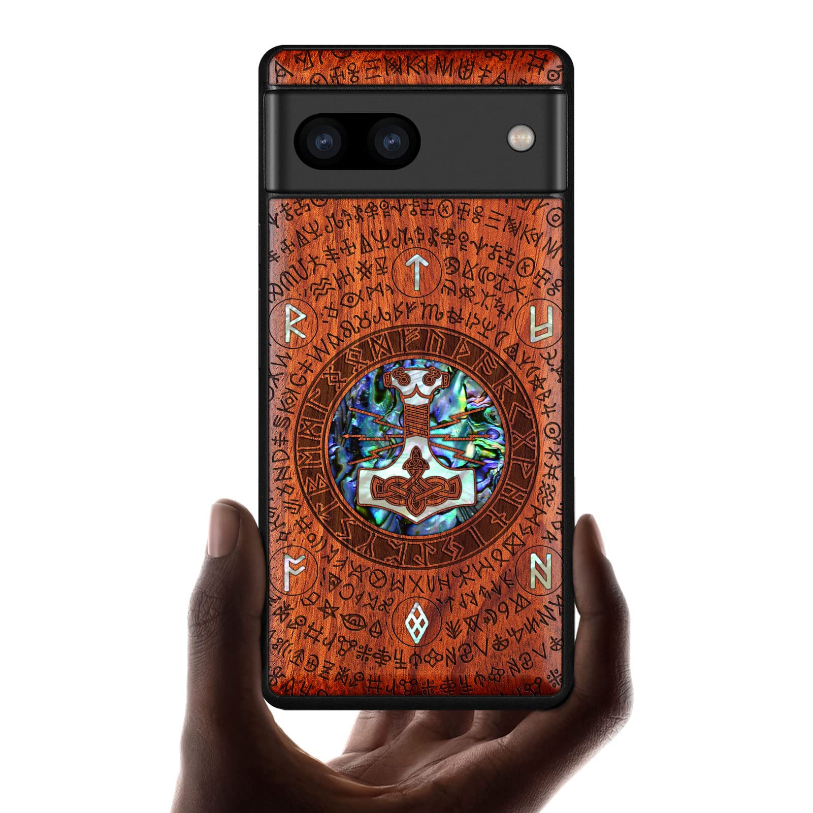 Carveit Custodia In Legno Per Google Pixel 6a – Antiurto TPU Con Incisione Laser Mjölnir E Rune – Noce - 2