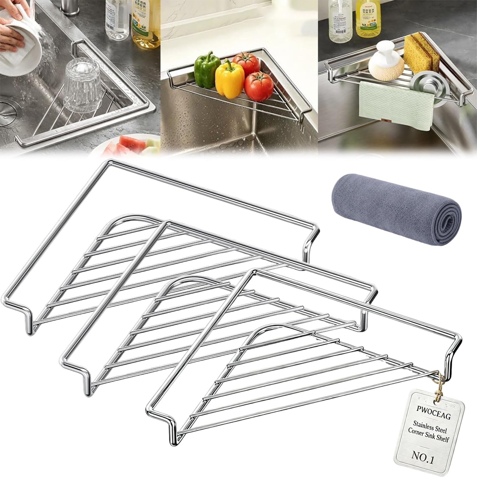 Stainless Steel Corner Sink Shelf, Triangular Sink Caddy Sponge Holder