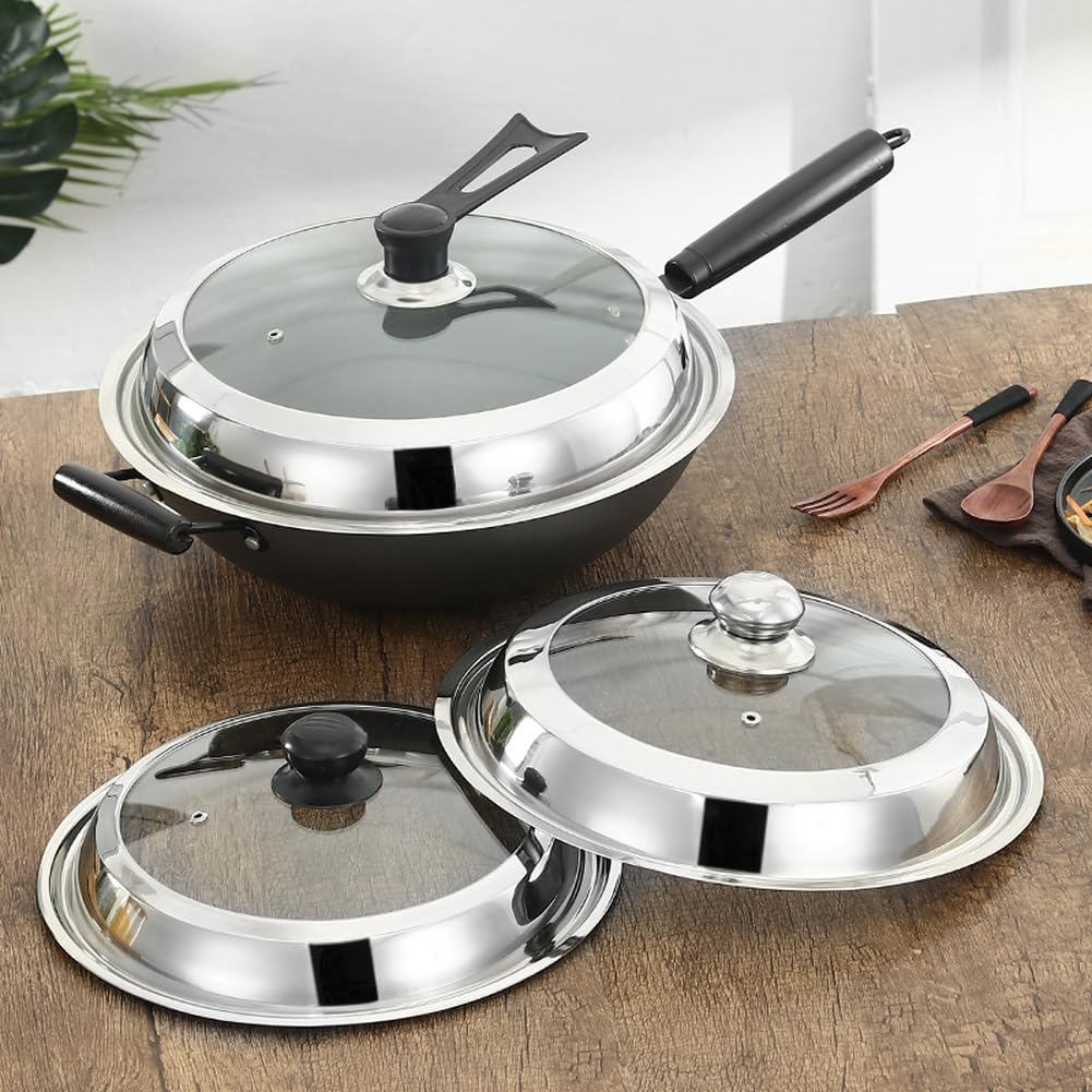 Coperchio in acciaio inox con inserto in vetro per l'uso con ferro grande per wok, caratteristica per una comoda gestione dello spazio in cucina (40 cm)