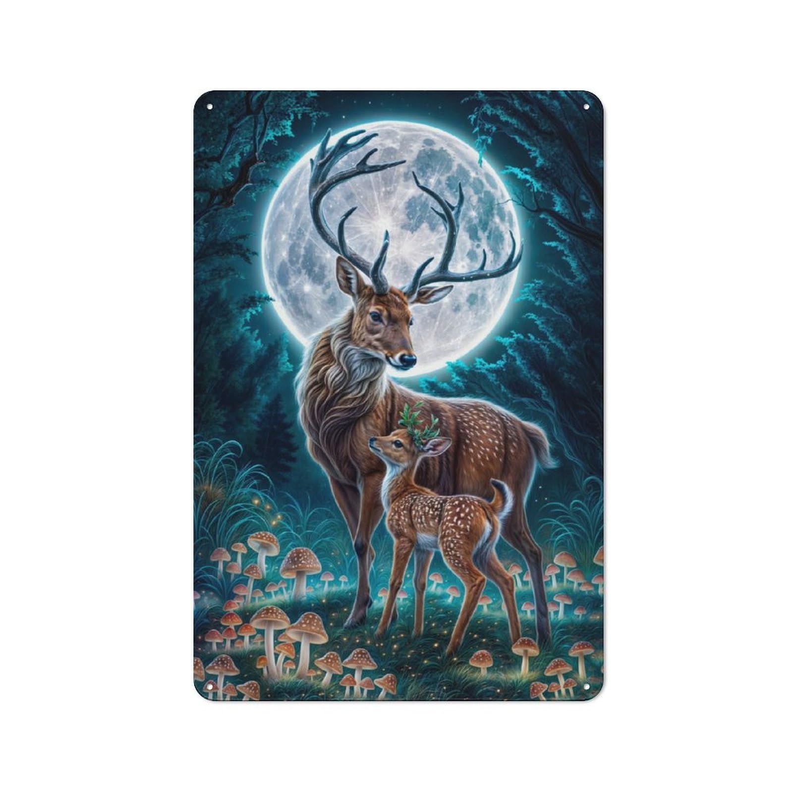 Junmoney Deer Fawn Moonlit Forest Vintage Metal Plaque 30X20cm, Diner Style Decor For Coffee Bar, Kitchen, Bistro Or Tea Corner