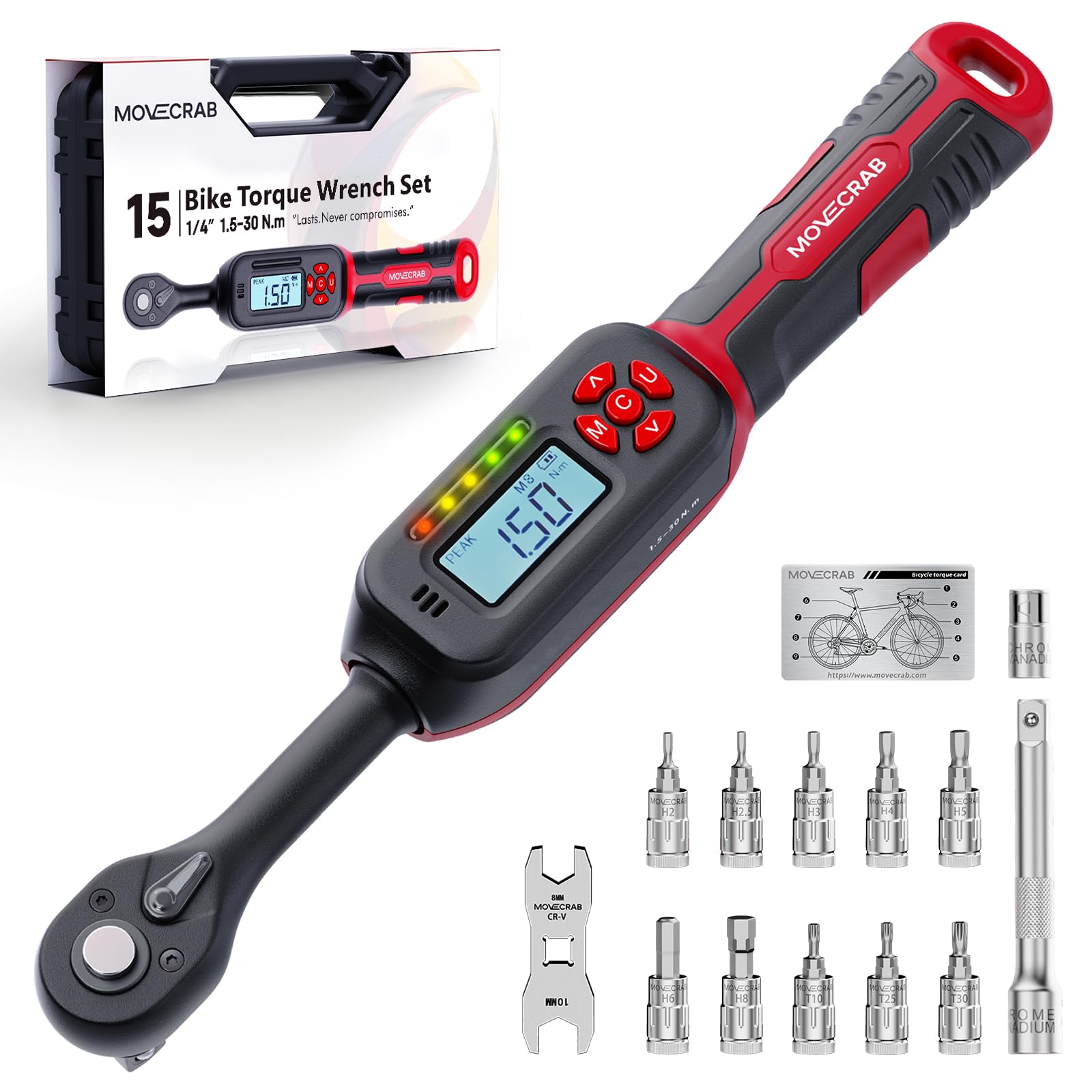 MOVECRAB Digital Torque Wrench, 1/4" Drive Bike Torque Wrench Set 1.5-30Nm (1.1-22.1ft-lb), S2 Steel Bits, ±2% Accuracy, 8/10mm Brake Spanner, Extension Bar, Sockets for MTB/Road Bike/Gun Maintenance