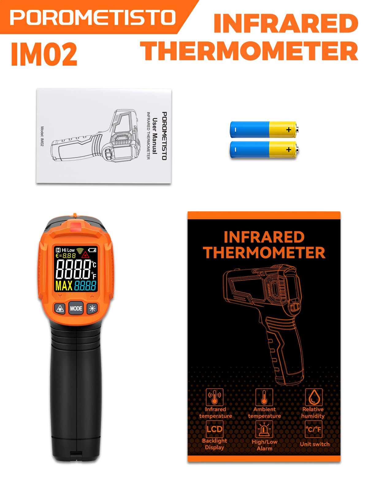 Thermomètre Infrarouge IM02 POROMETISTO, avec Fonction MAX, -50°C à 380°C | Touchless Thermometer, Alarme Haute et Basse Température et Écran LCD Rétroéclairé, pour la Cuisine, le CVC , l'Automobile