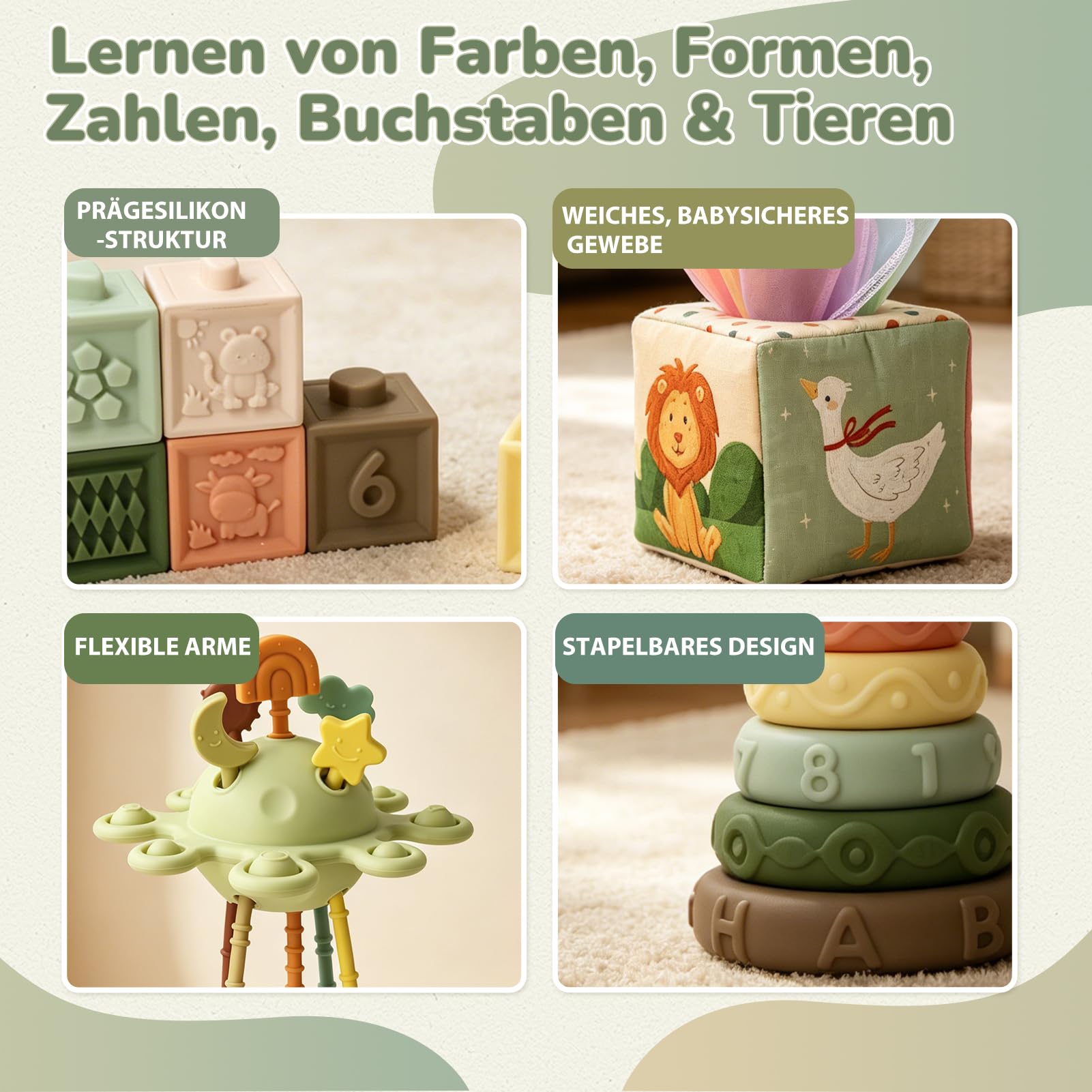 Montessori Spielzeug Baby ab 6 Monate, 5 in 1 Baby Spielzeug ab 7 8 9 Monate mit Bauklötze, Stapelringe, Tissue Box Toys, Lernspielzeug Geschenk für 6-12 Monate