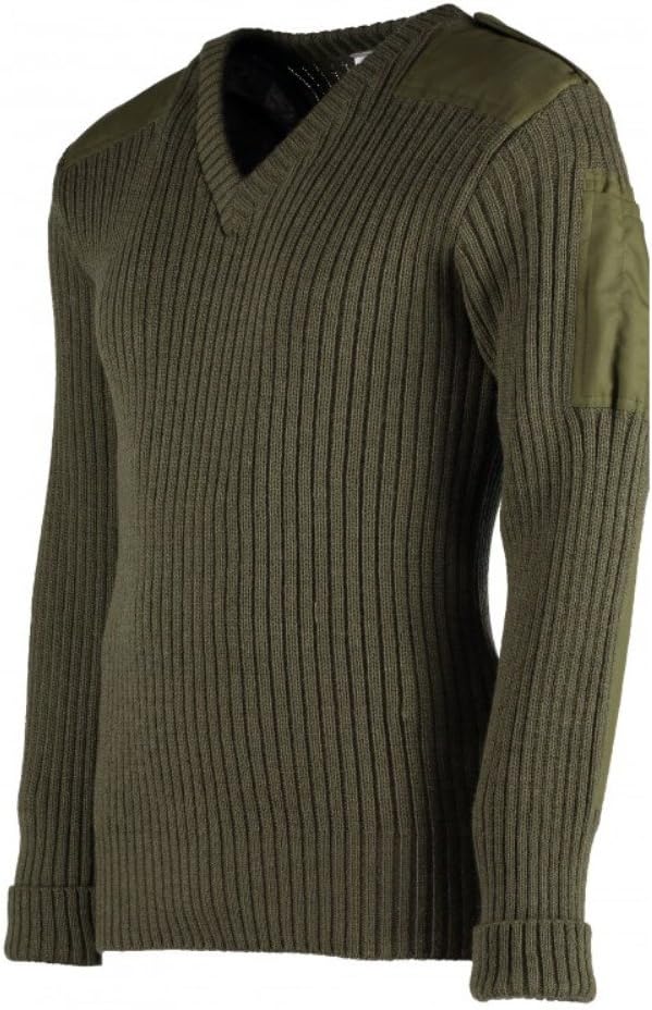 York Woolly Pully Vee Neck Sweater with Patches - Epaulets - Pen Pocket OD - Large Olive Drab