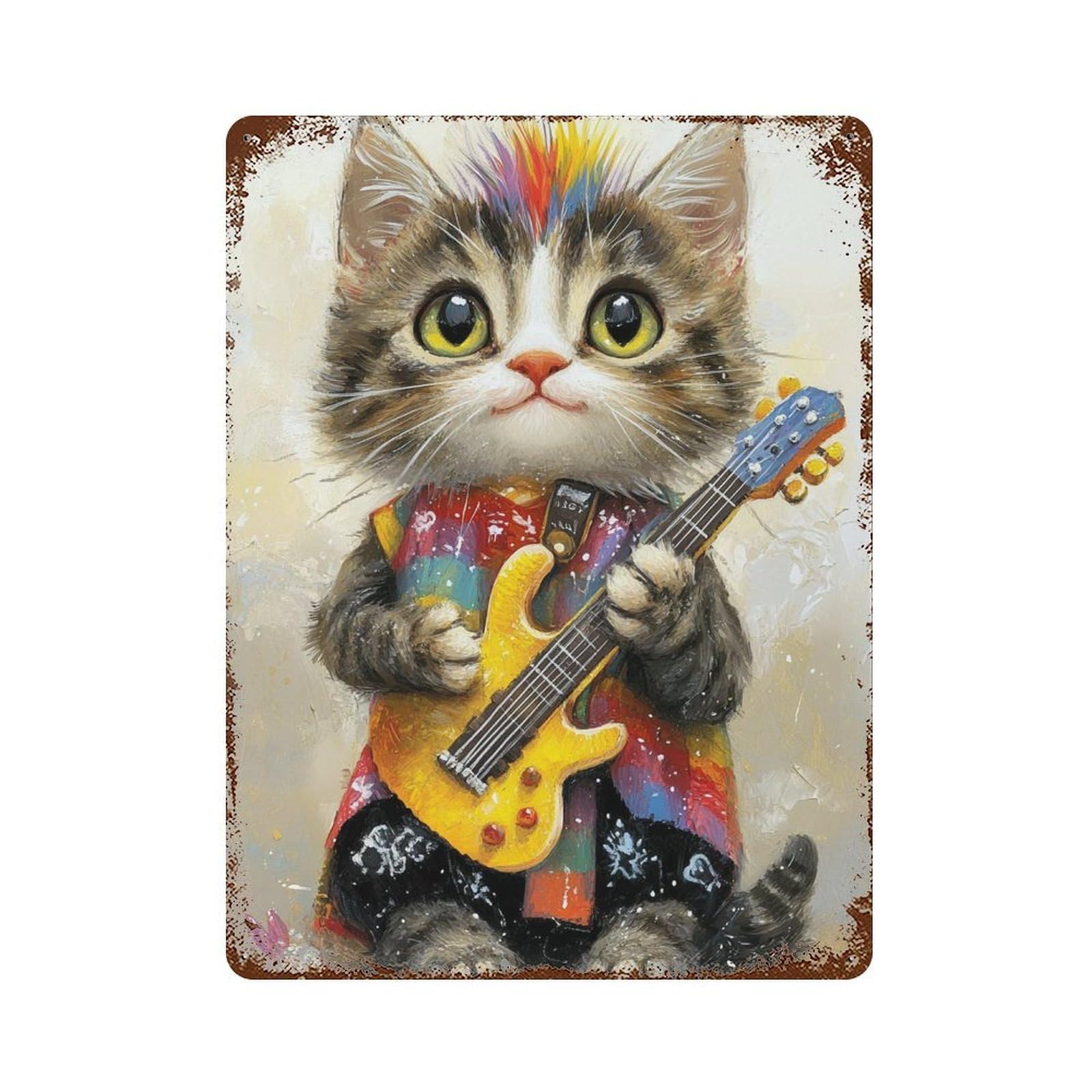 Colorful Kitten Guitarist Painting Rust Effect Tin Sign 15.7"x11.8", Industrial Home Decor for Basement, Hobby Room And Garage Decor