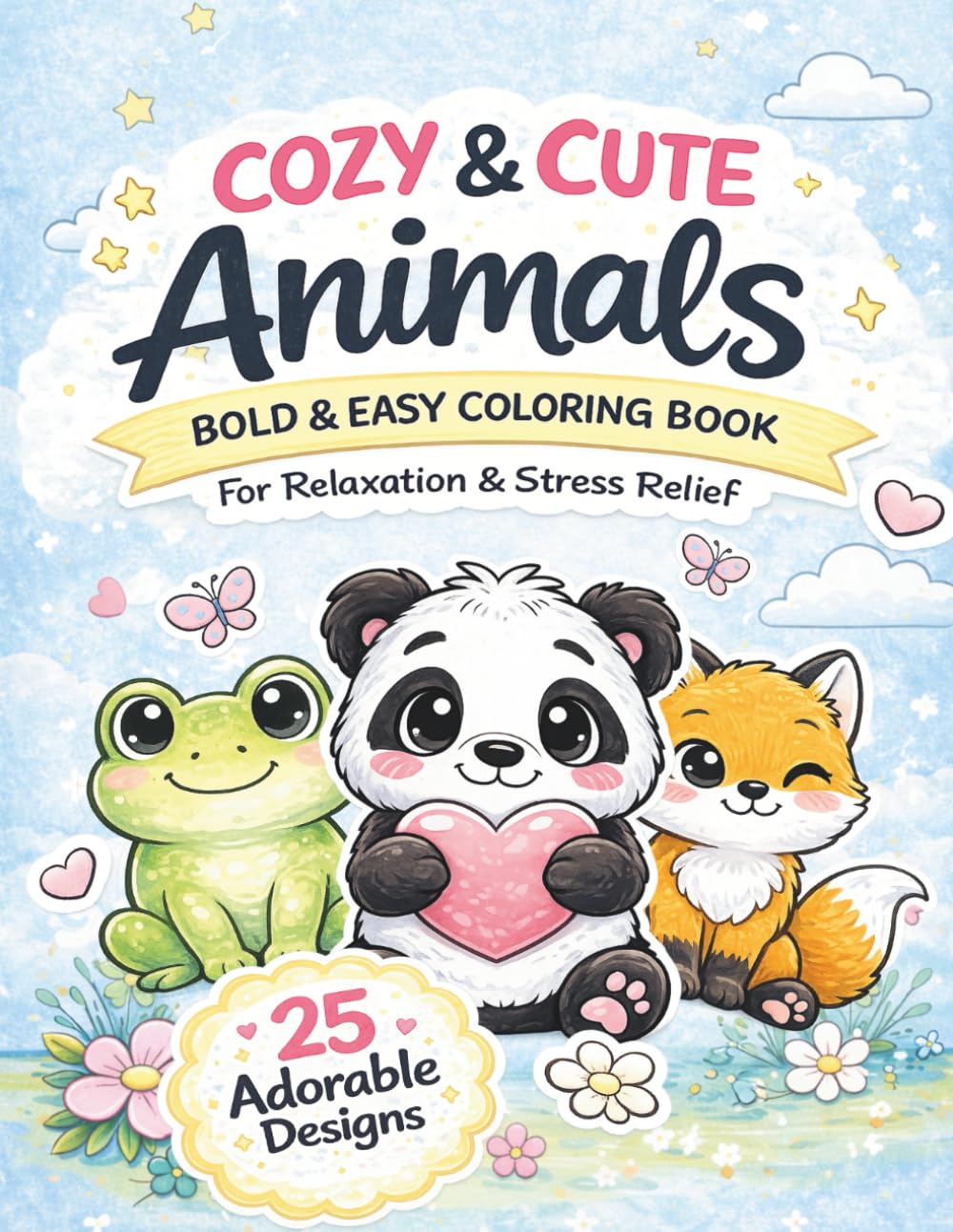 Cozy & Cute Animals Coloring Book: Bold & Easy Animal Designs for Relaxation and Stress Relief | 25 Adorable Coloring Pages