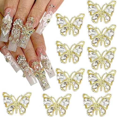 10 dijes brillantes de mariposa de circón para uñas, aleación 3D, diamantes de imitación de mariposa, mariposas de cristal, dijes de arte de uñas,