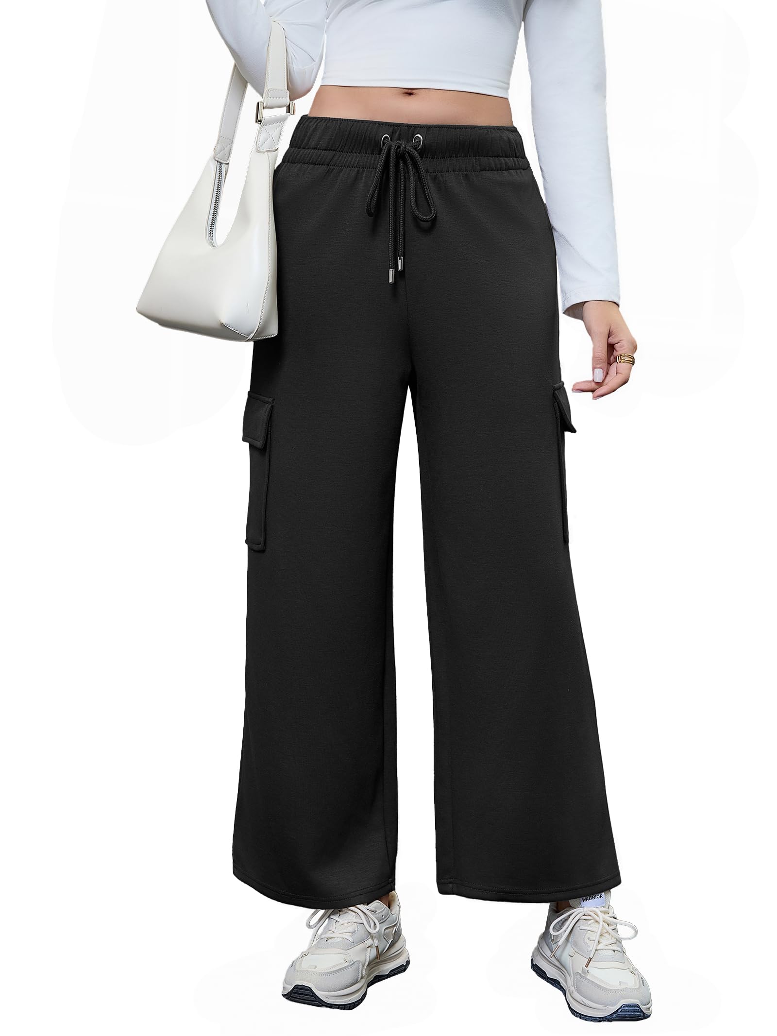 Womens Casual Relaxed Cargo Pants Warm Double Knit Drawstring Elastic Waist Trousers