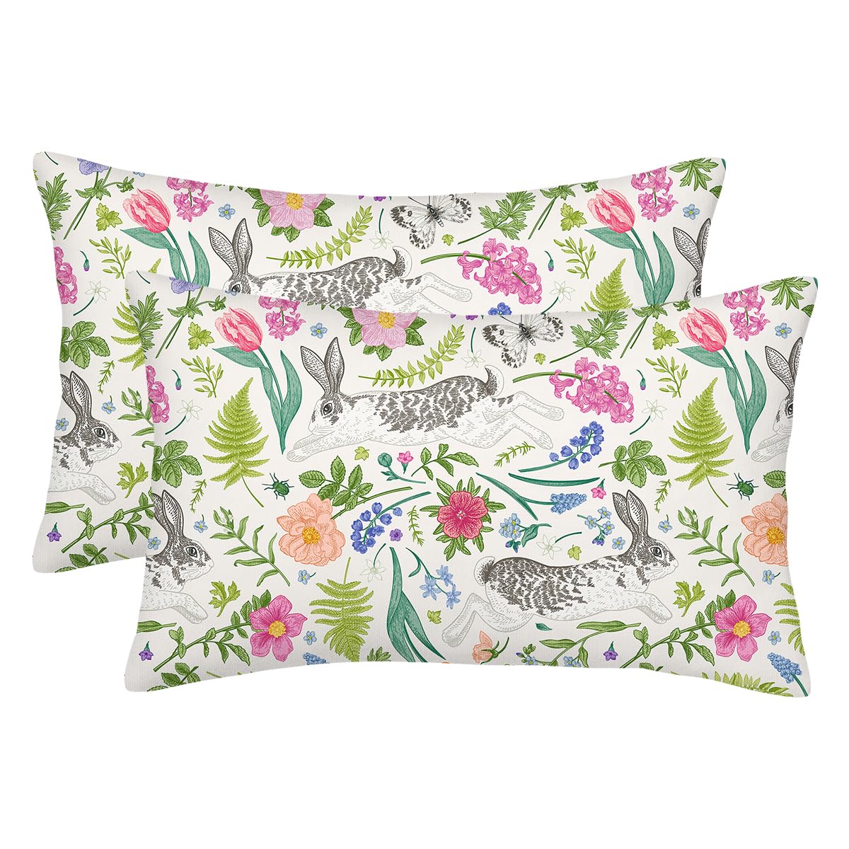 AELUTYSH Easter Pillow Covers 12x20 Set of 2 Rabbit Bunny Throw Pillows Spring Floral Butterfly Leaves Decorative Pillow Case Linen Seasonal Holiday