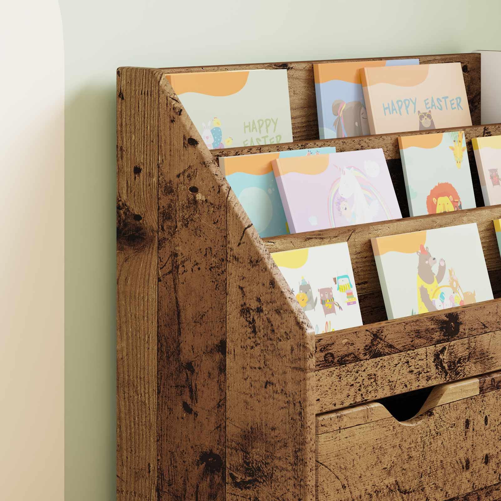 Kinderregal Altholz Holzwerkstoff 60 x 29,5 x 69 cm freistehendes Regal mit Schublade für Bücher, Zeitschrift Ordnung im Kinderzimmer