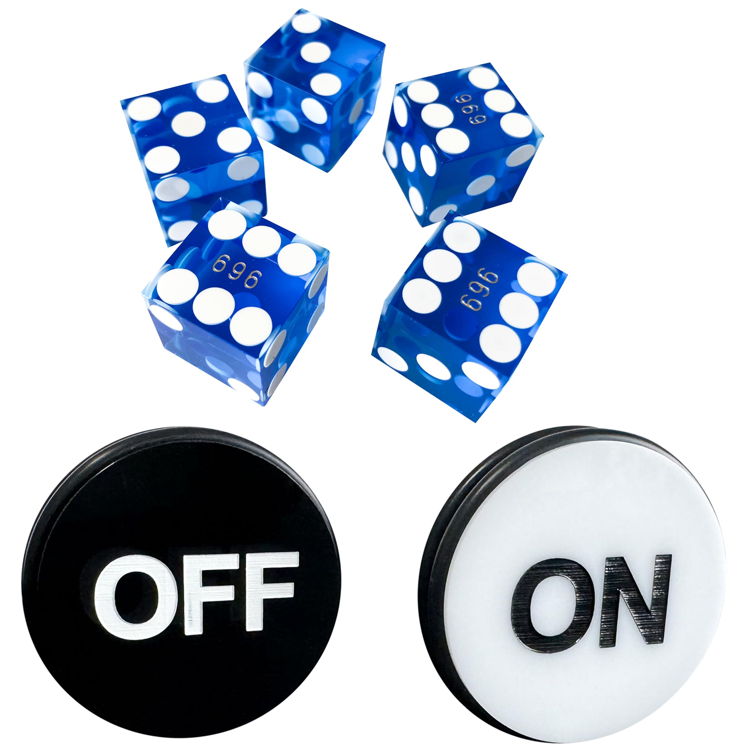 Yuanhe Casino Craps Dice Set - Including 19mm Blue Precision Serialized Casino Dice Set of 5 and 3-Inch Craps On/Off Dealer Puck Button