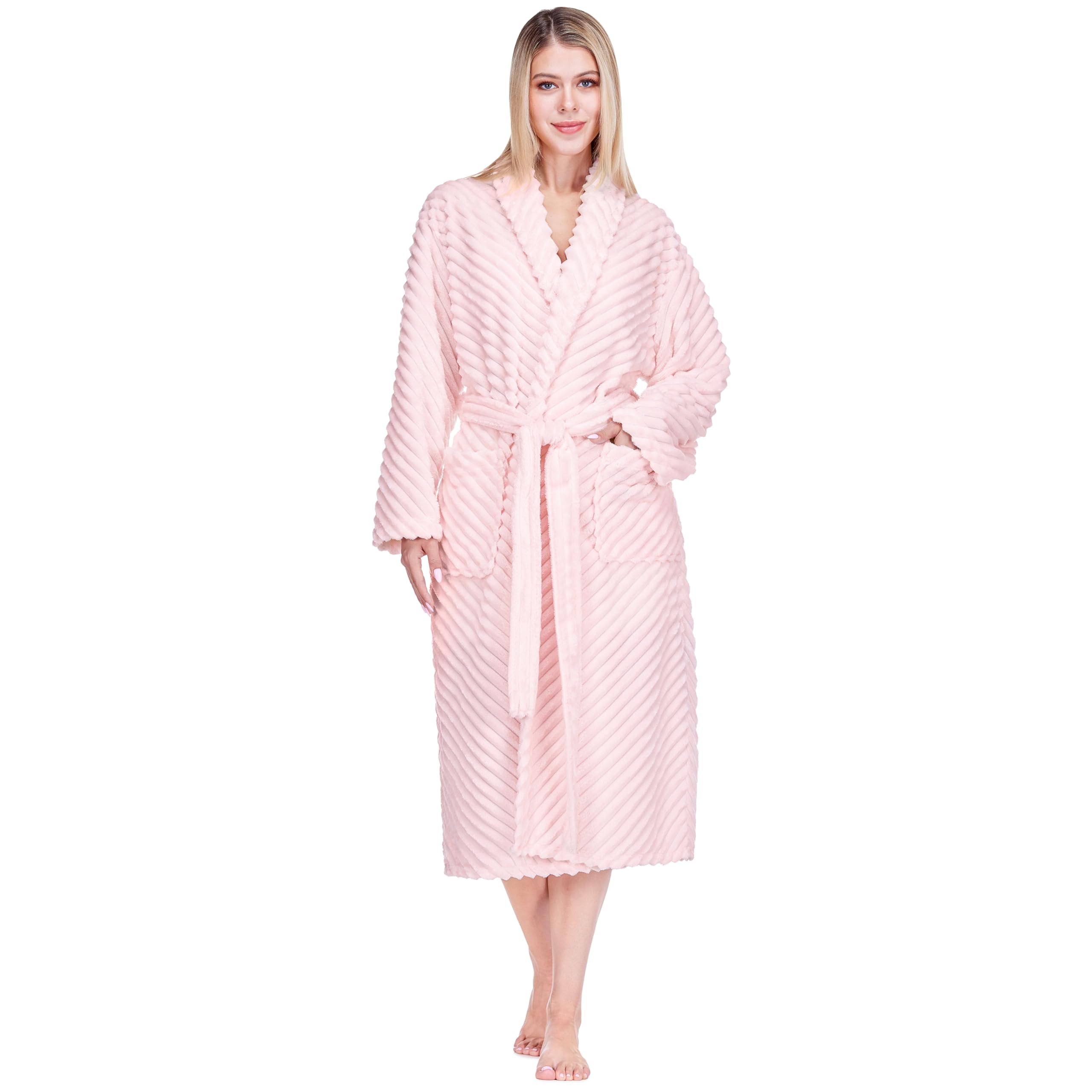 PAVILIA Super Soft Womens Robe, Fluffy Plush Fuzzy Cozy House Shower Bathrobe, Ribbed Striped Warm Fleece Long Robe for Women