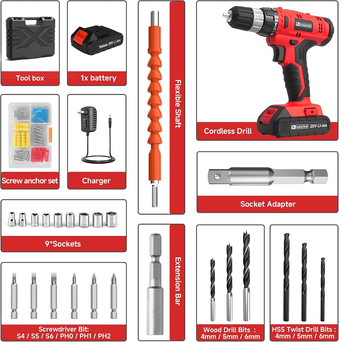 FADAKWALT Cordless Drill Set, 20V Electric Power Drill With Battery And Charger, 30N Torque, 21+1 Settings, 3/8-Inch Keyless Chuck, Driver Bits Kit, LED Light (Red)